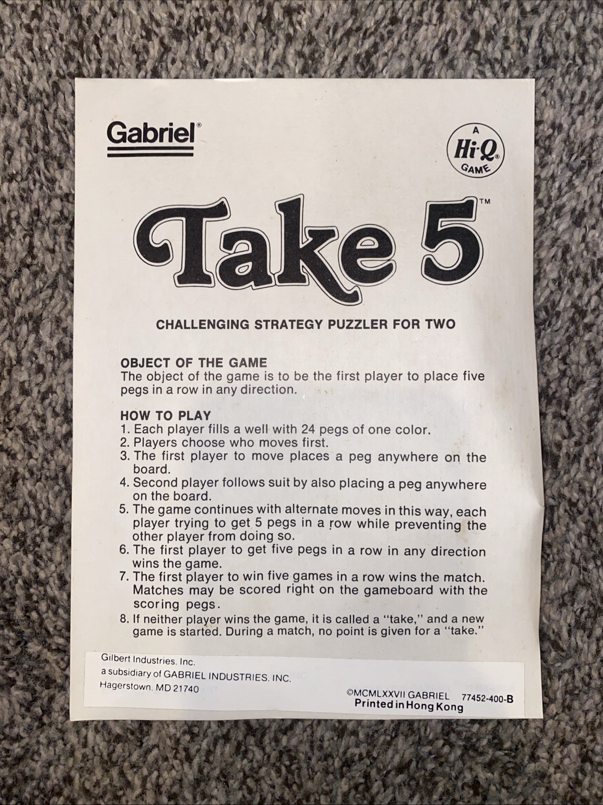 Vintage “Take 5” Game w/ Box 1977 Gabriel Hi-Q Strategy Puzzler
