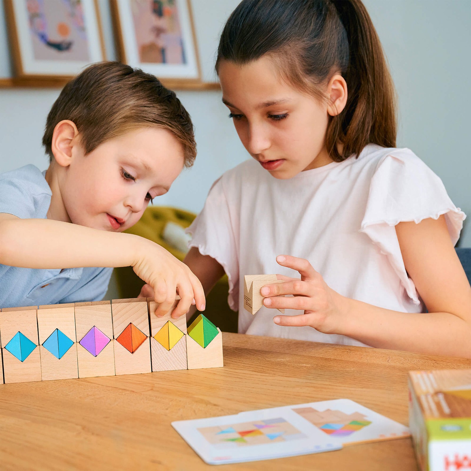 HABA Rainbow Triangle Wooden Blocks Game, Stacking Toys with Pattern Cards