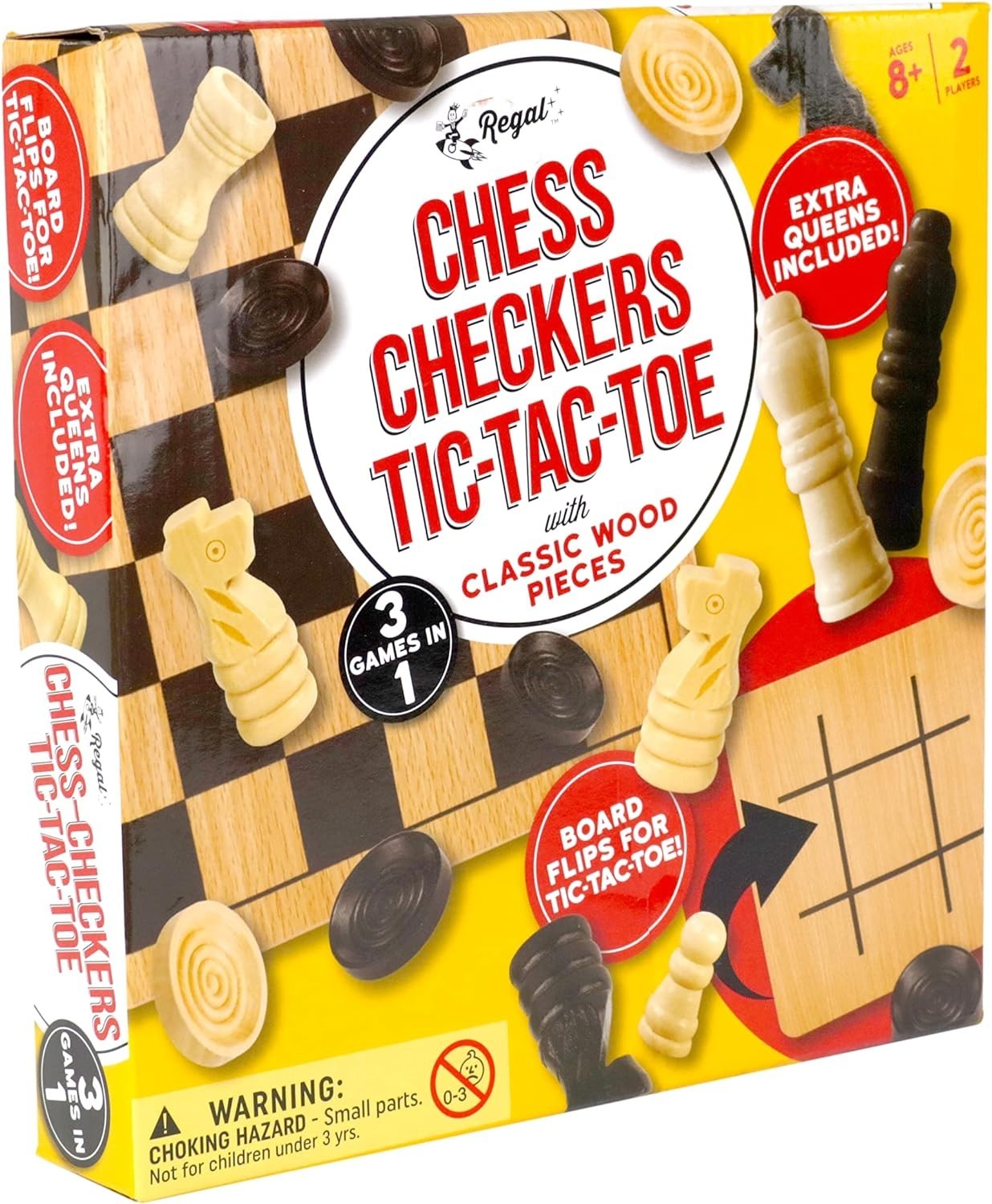 Reversible Wooden Board Game for Chess, Checkers & Tic-Tac-Toe – 10.5 Inch