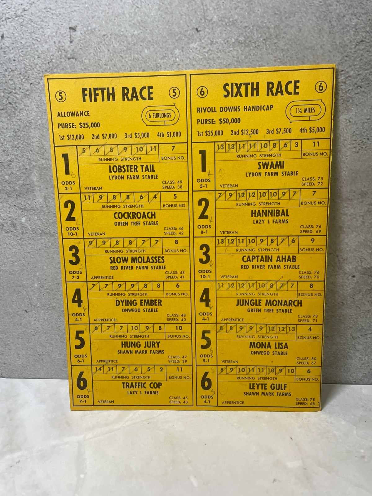 1966 Win, Place & Show Horse Racing Game Replacement Official Program (writing)