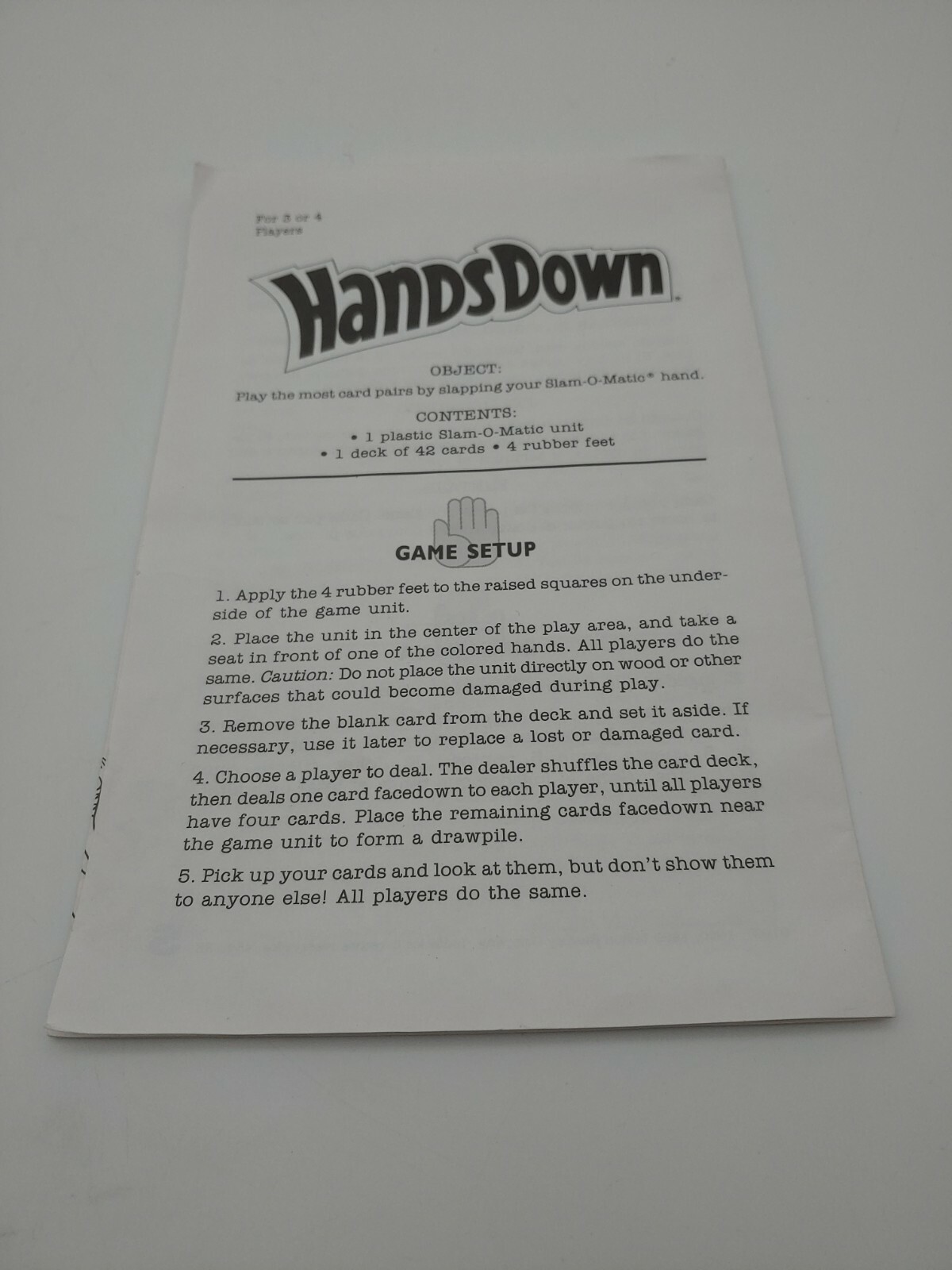 1990 Hands Down Board Game Replacement Instruction Manual Rules Only