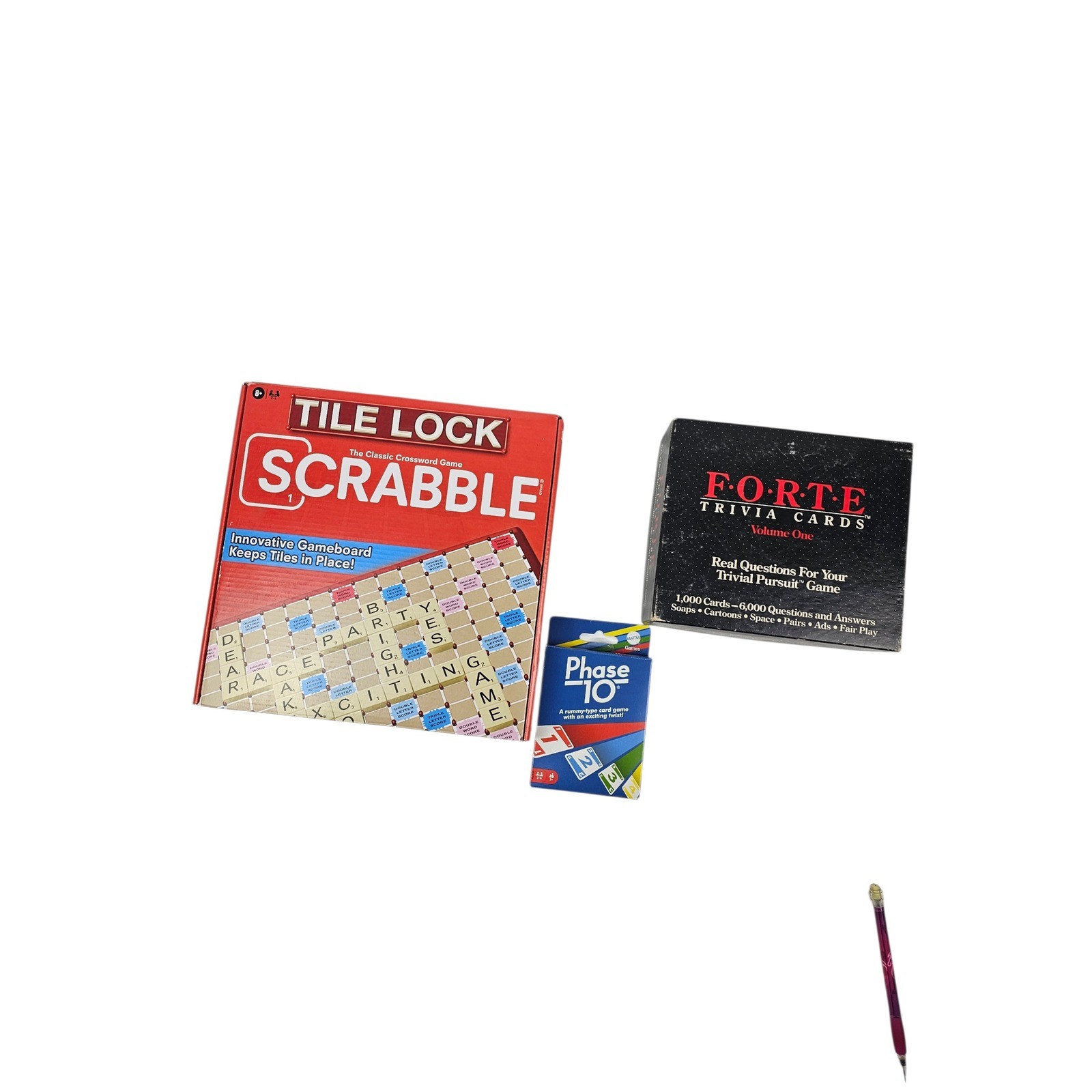 Scrabble Tile Lock Board Game Phase 10 Card Game Forte Trivia Cards Bundle