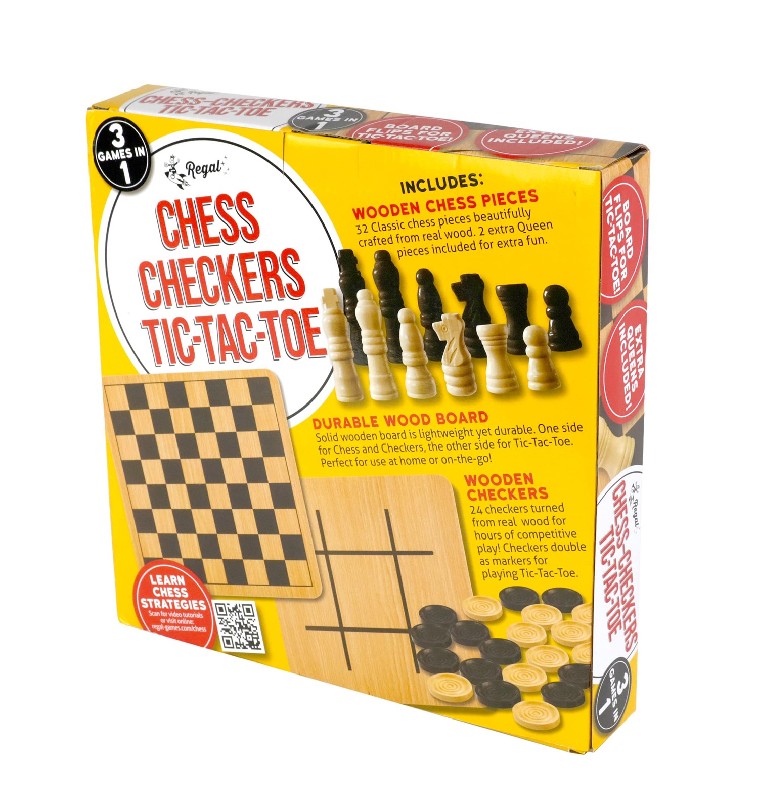 Reversible Wooden Chess Checkers Tic Tac Toe Board Game Set Family Fun
