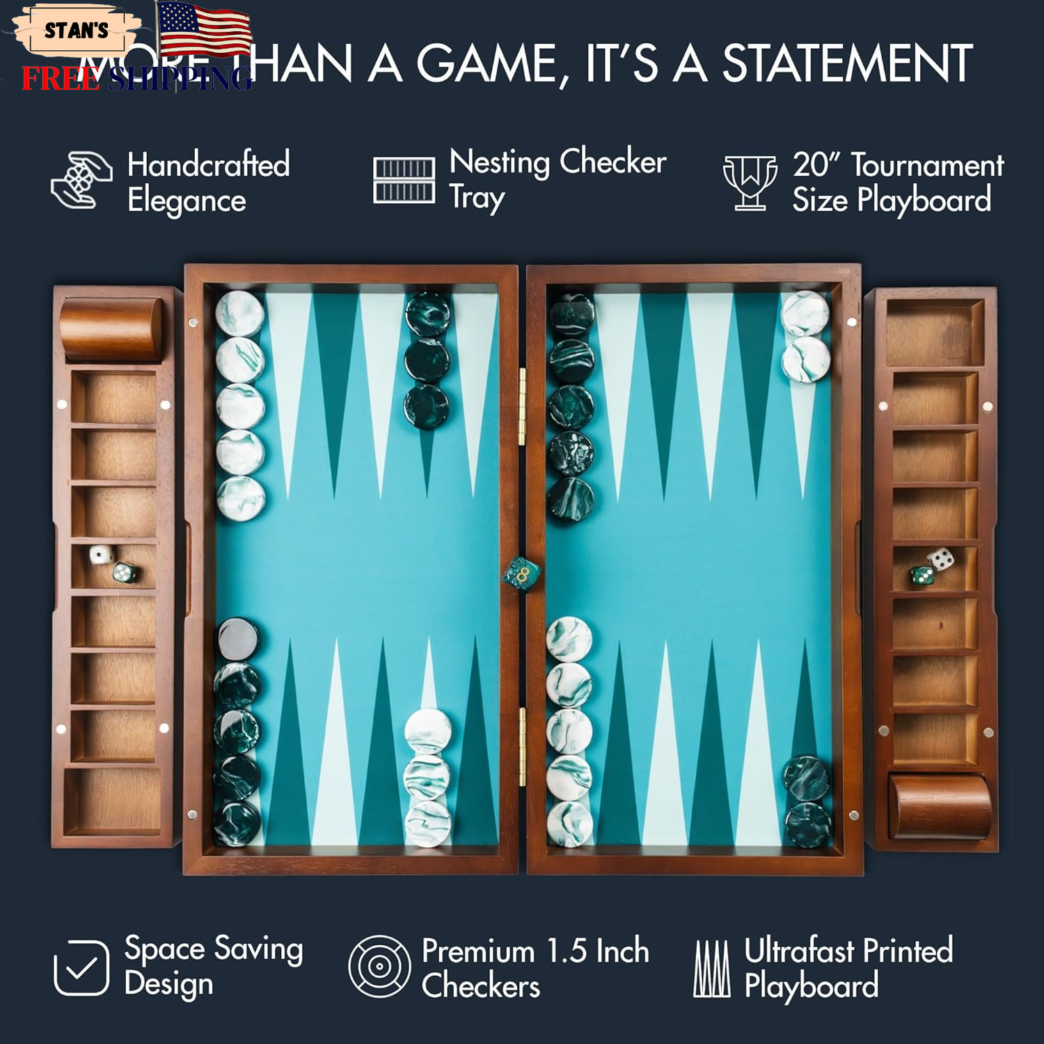 Large Backgammon Sets for Adults, Green Backgammon Board, Solid Wood 20 Inch NEW
