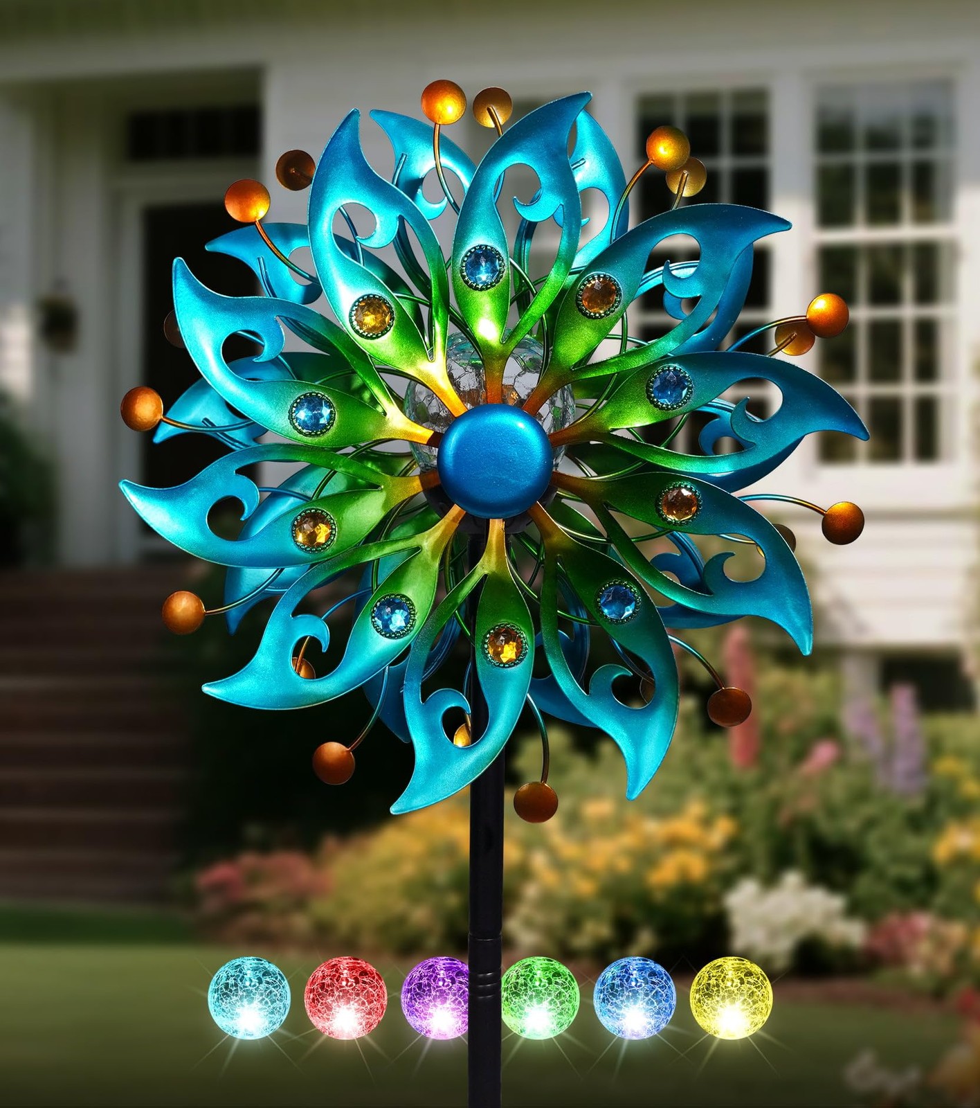 Solar Wind Spinner Outdoor 63×13 Metal Kinetic Garden LED Whirling VUFOZ H63xW13