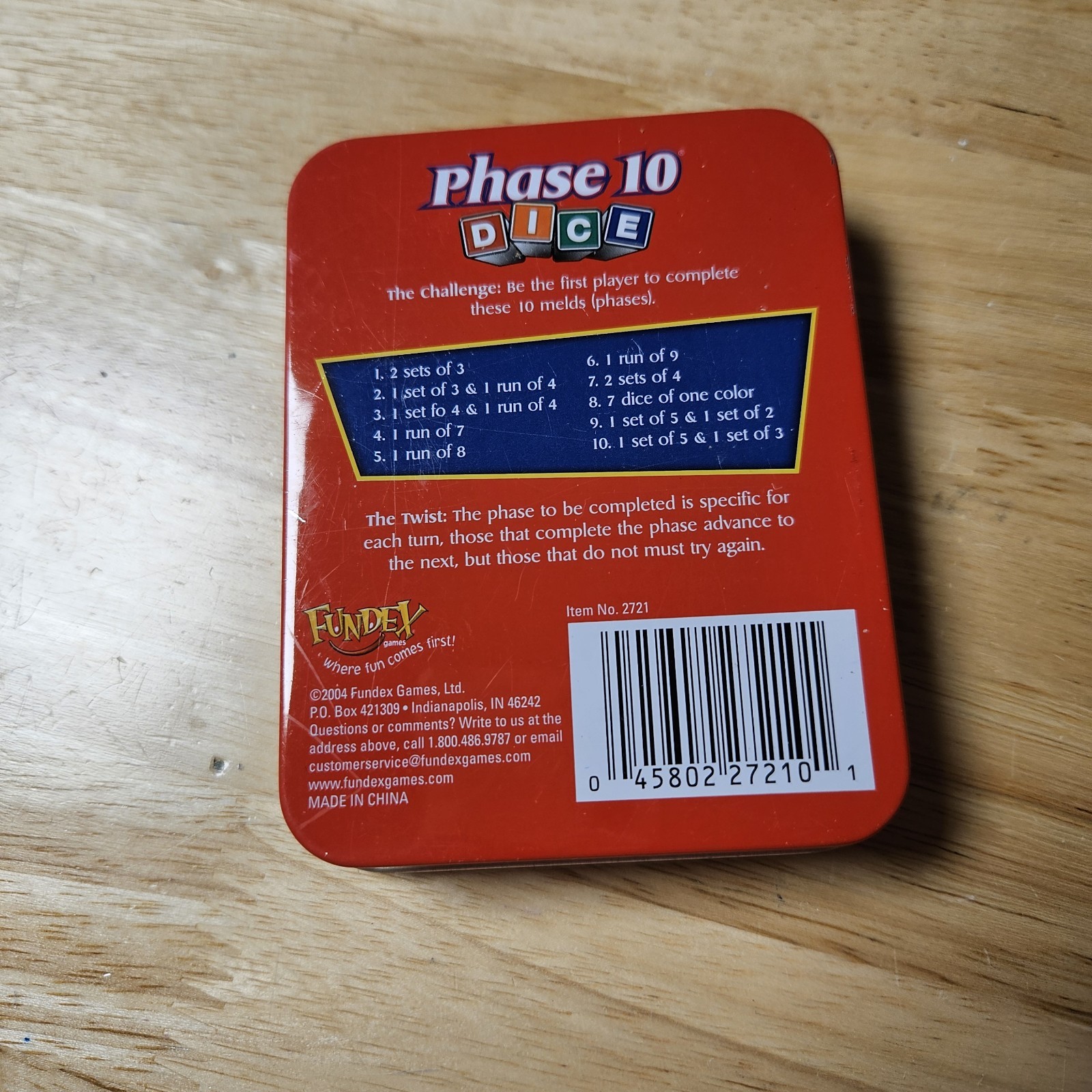 Phase 10 Dice Game Fundex Red Tin Complete Free Shipping VG Condition