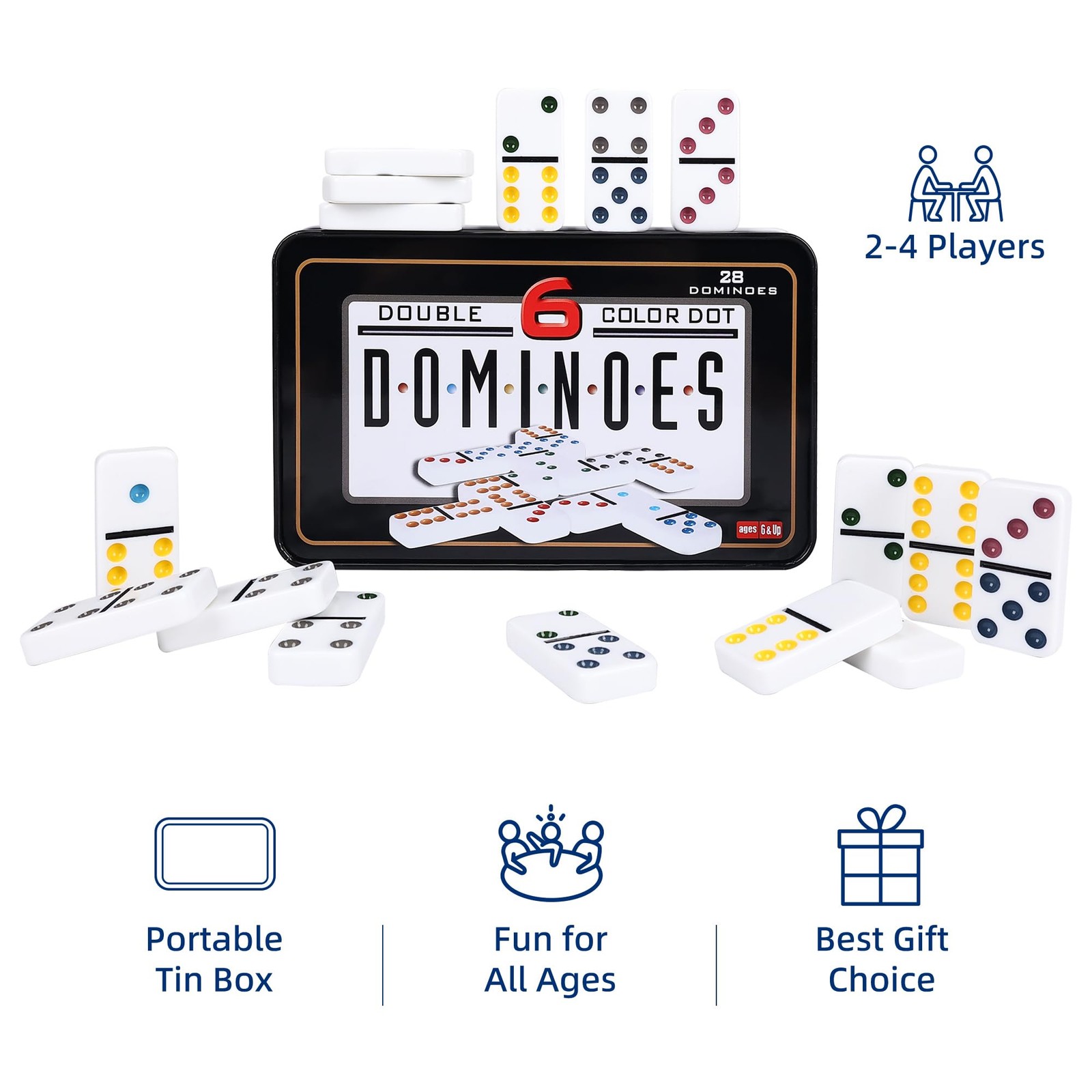 Double Six Dominoes Set for Adults, Classic Domino Game with Tin Box – 28 Tiles