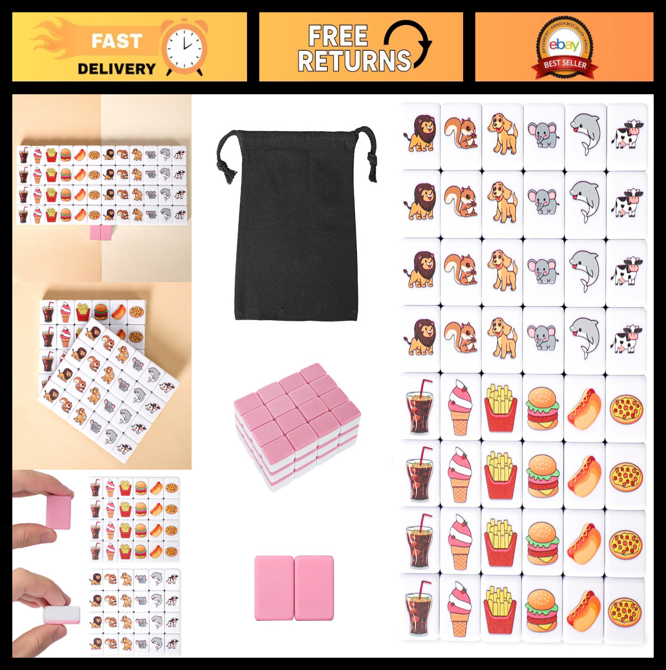 2 Player Mahjong Block Set – 50 Premium Pink Tiles, Animal & Food Patterns, Port