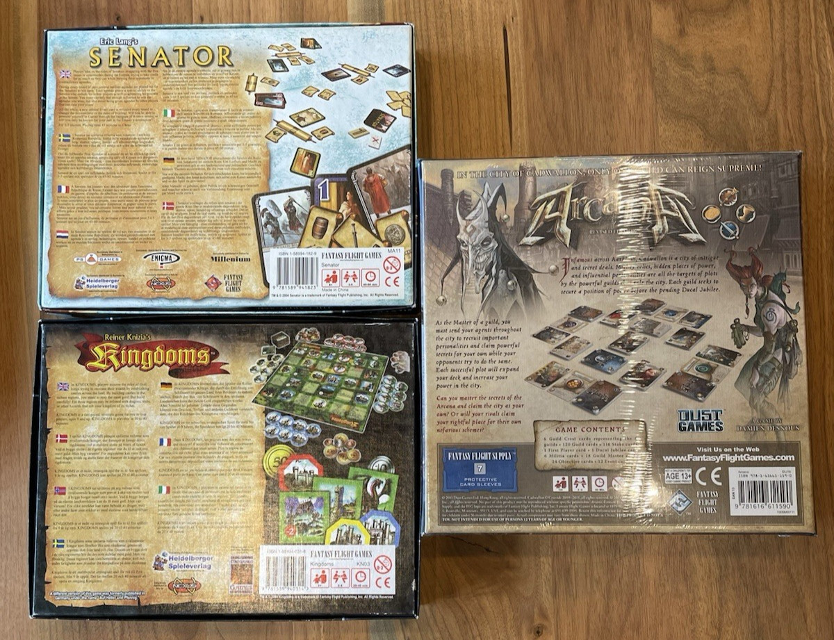 Fantasy Flight Games FFG Lot – Kingdoms (used) + Senator (open) + Arcana (new)