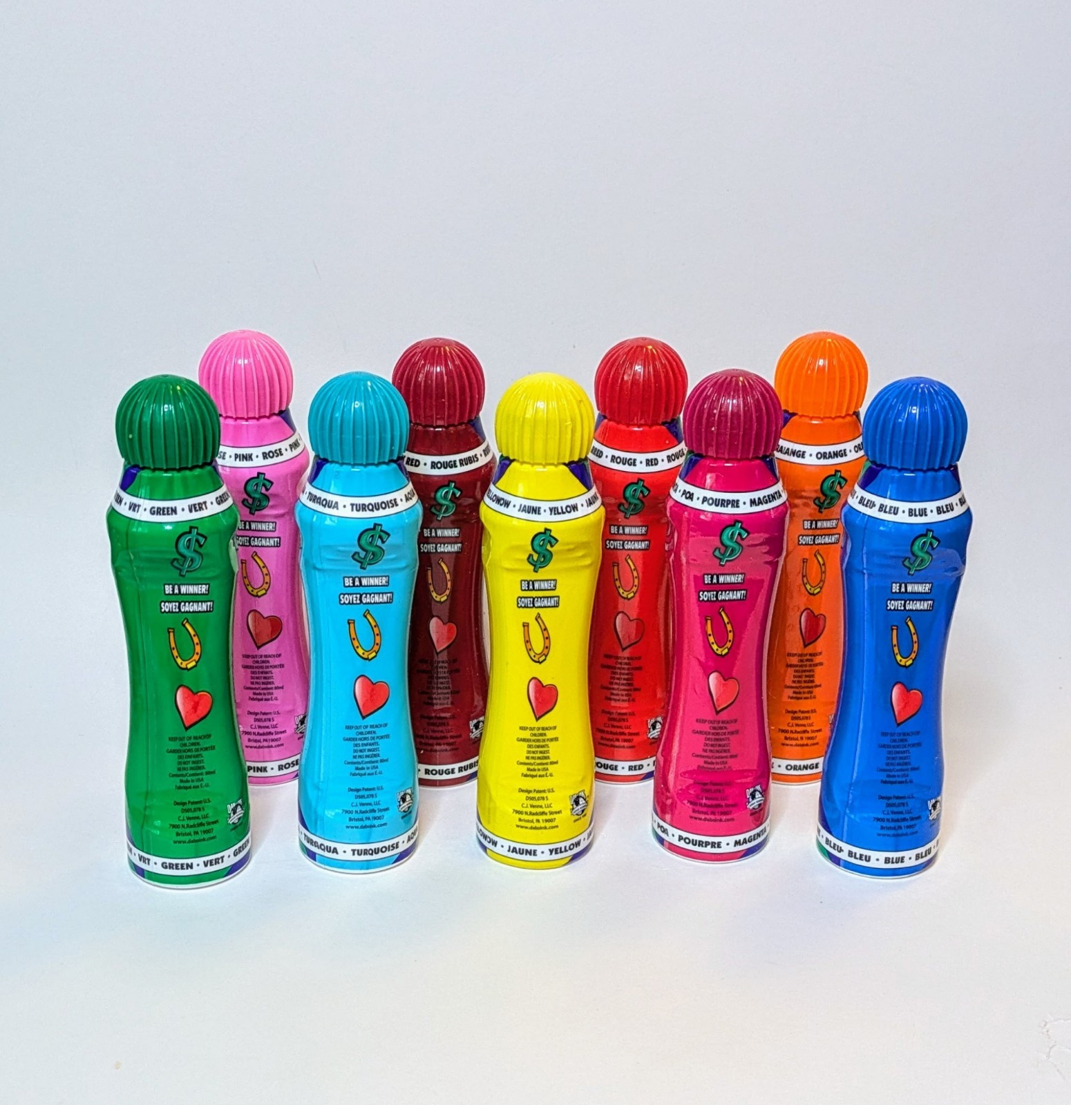 Dab-O-Ink 3 Ounce Bingo Markers Set of 9 Daubers Yellow, Orange,Blue, Red & Pink