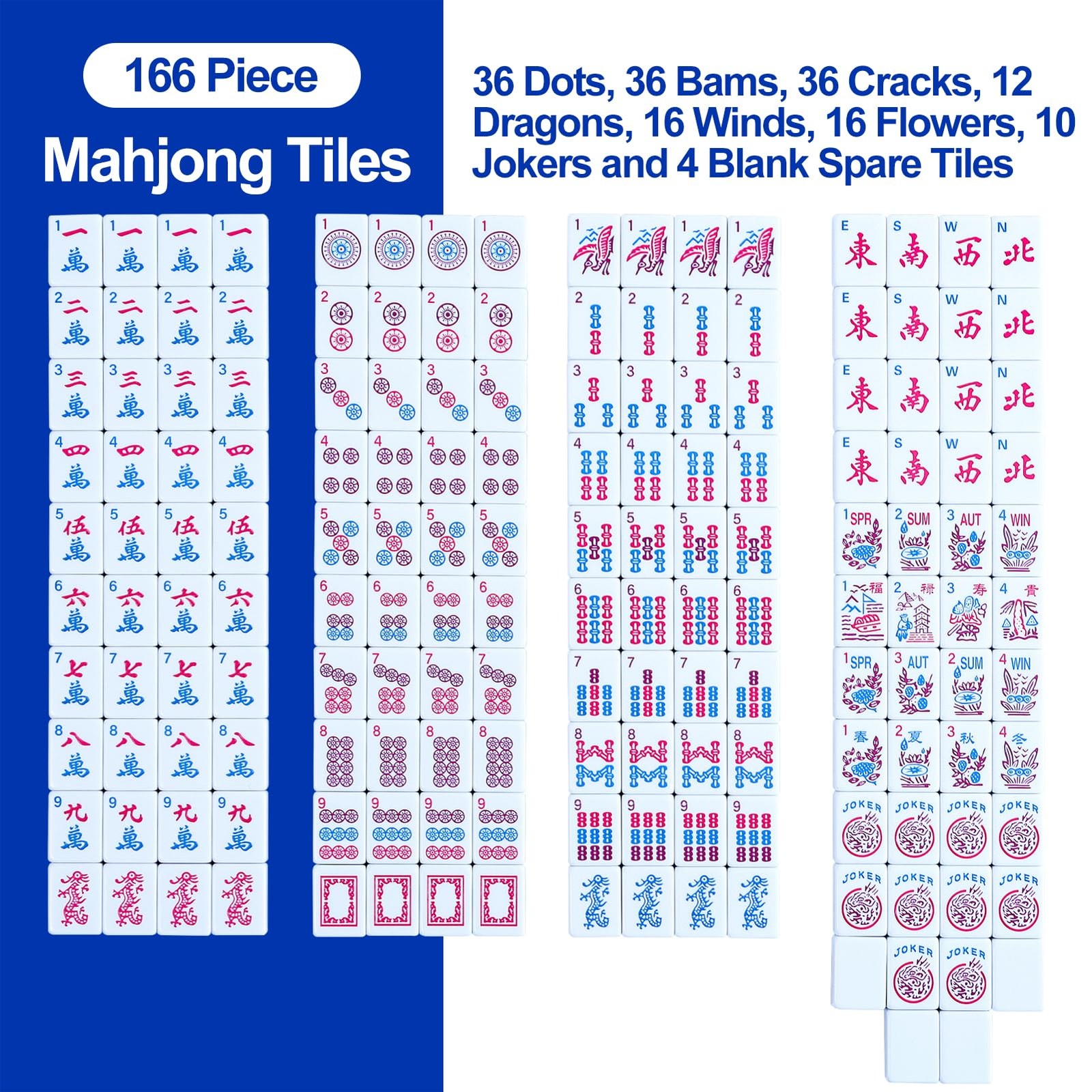 Majolicia American Mahjong Set: 166 Dark Blue Tiles, 4 Clear Racks with Pushe…