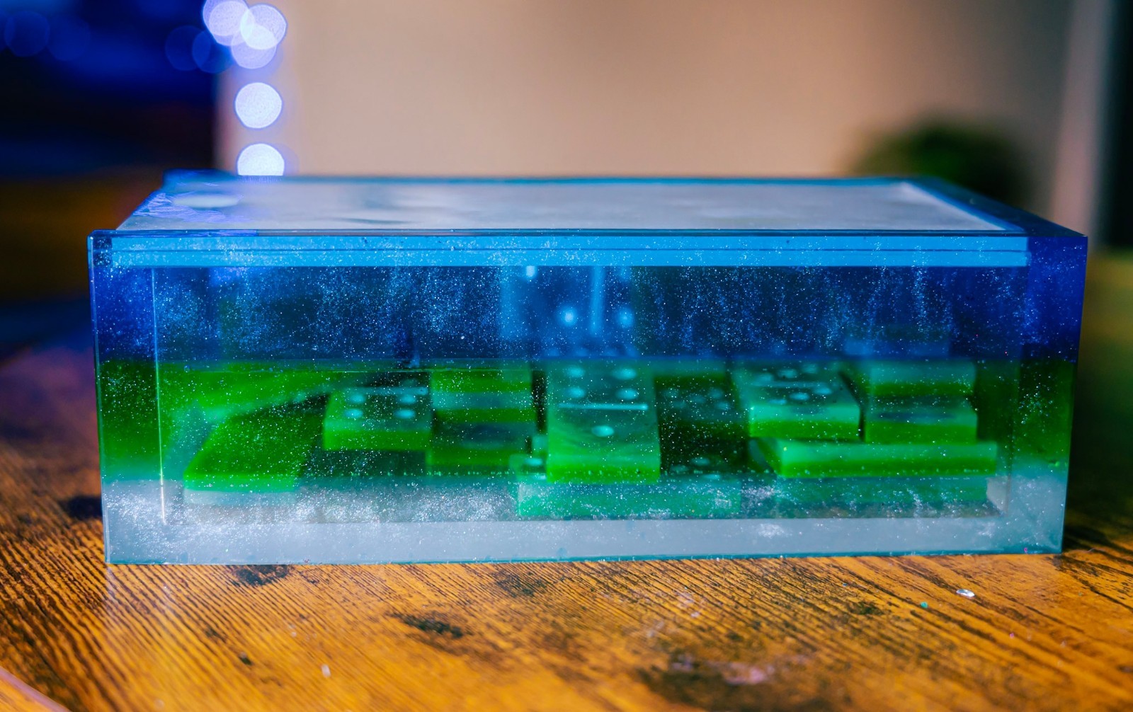 Handmade Resin Domino Set with Matching Storage Box Blue Green Swirl