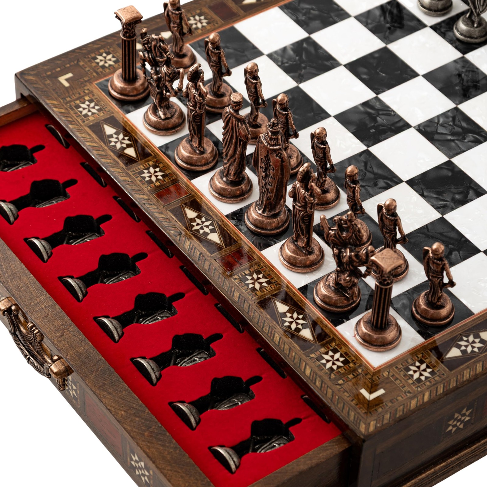Wooden Chess Set 15 Inch Handmade British Army Metal Pieces Black Luxury Storage
