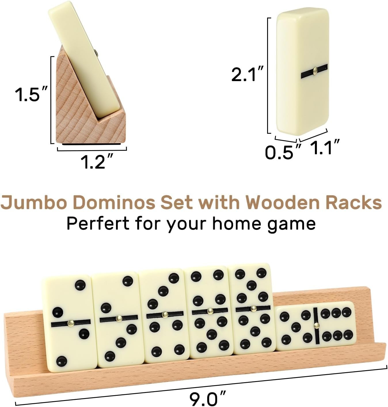 Deluxe Jumbo Dominoes Set for Adults with 4 Beech Racks & Eco-Friendly Tiles