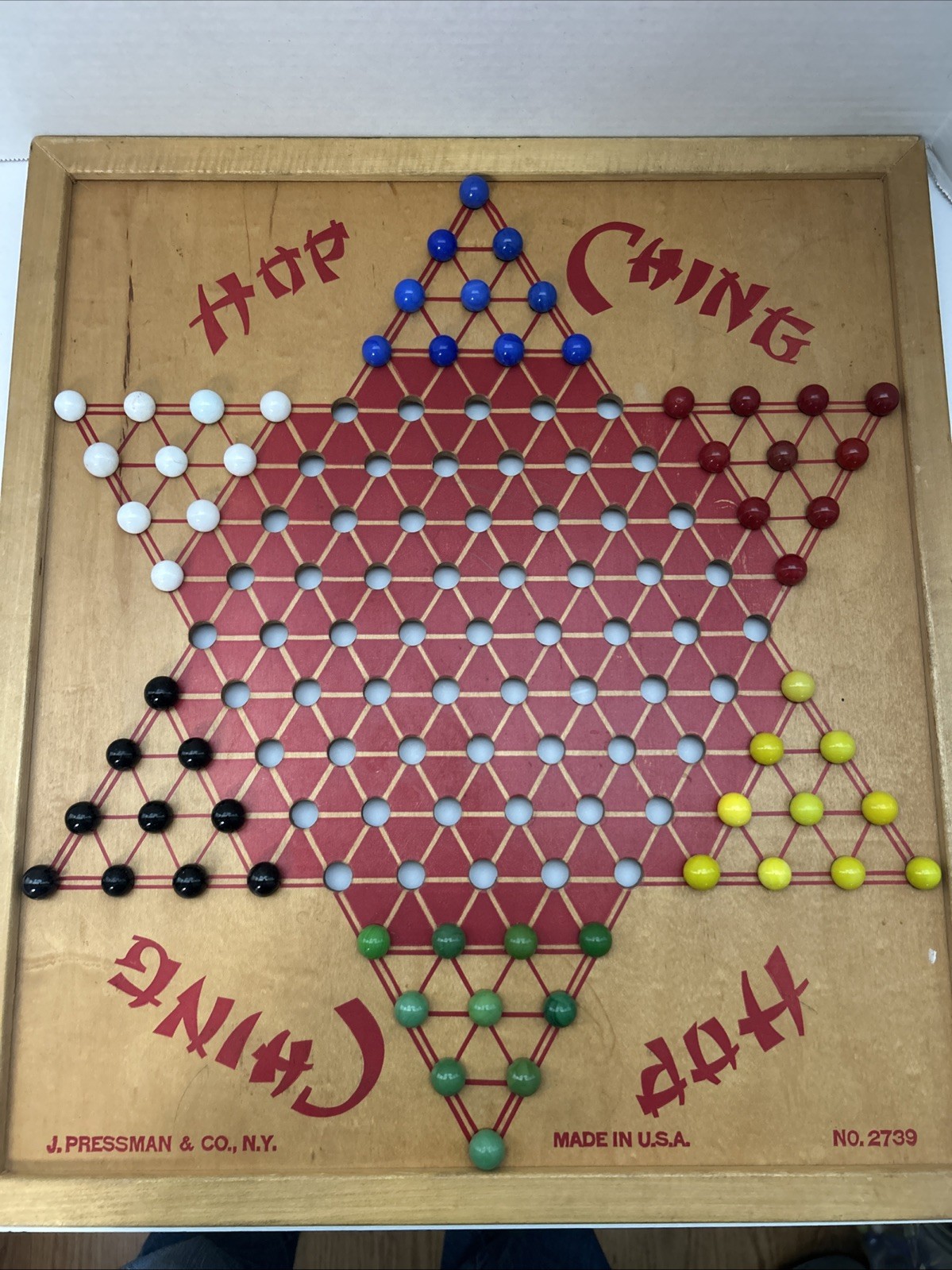 VTG Pressman USA Hop Ching Red Font Wood Chinese Checkers Game Board & Marbles