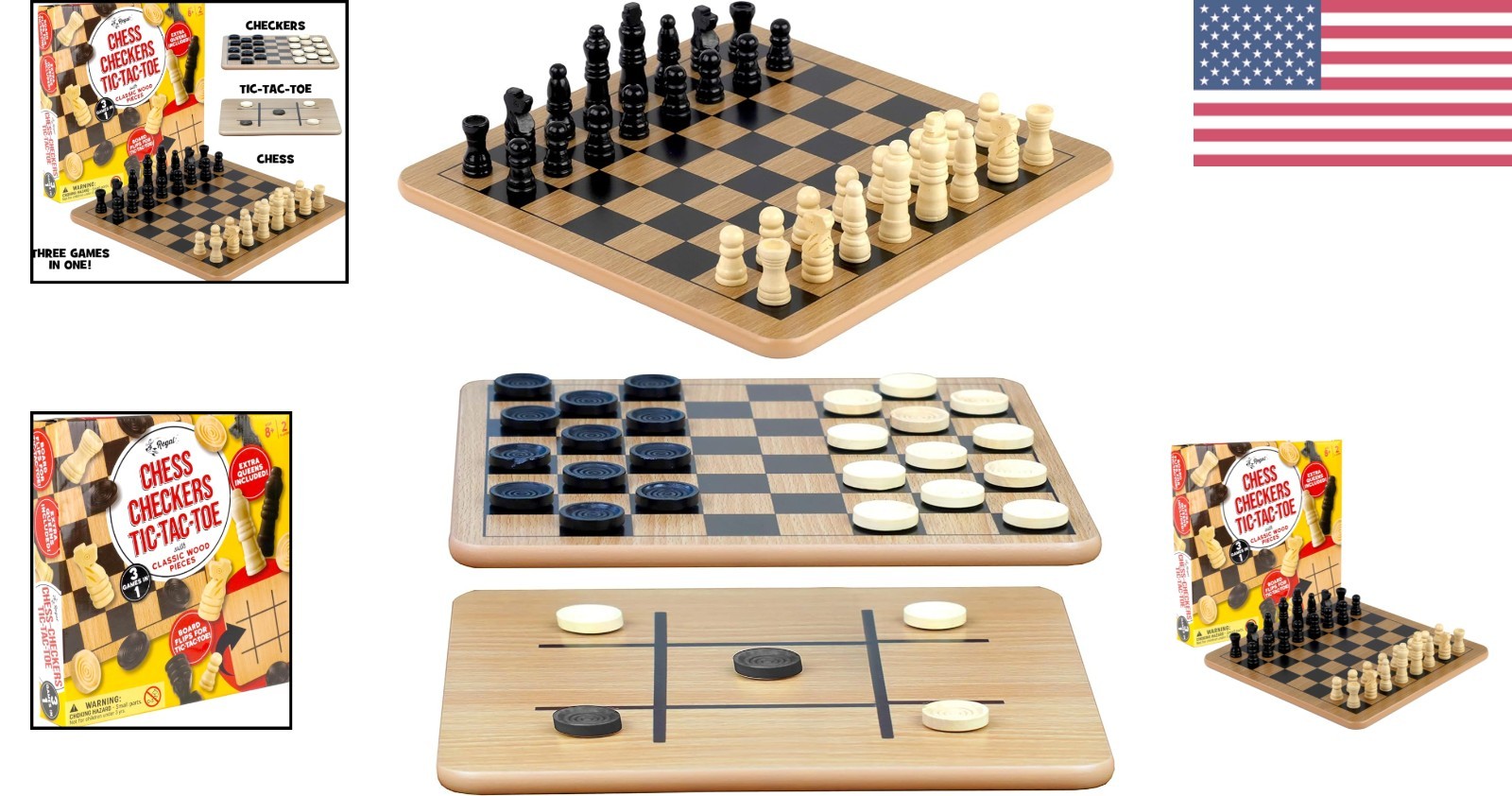 Elegant Reversible Wooden Board Game Set: Chess, Checkers & Tic-Tac-Toe 10.5″