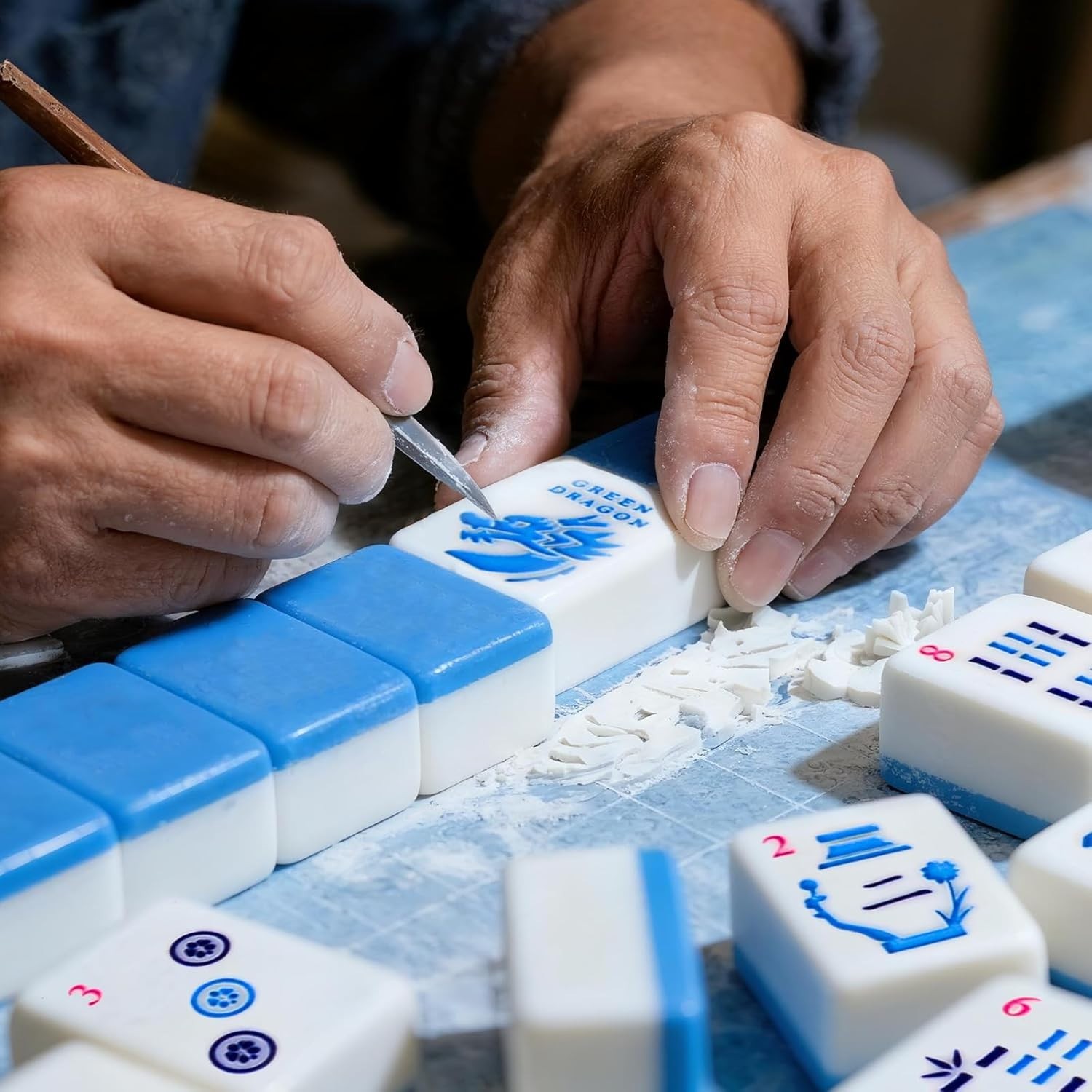 American Mahjong Tile Set, 166 Quality Engraved Tiles Blue Back w Bag,Dice,Chips