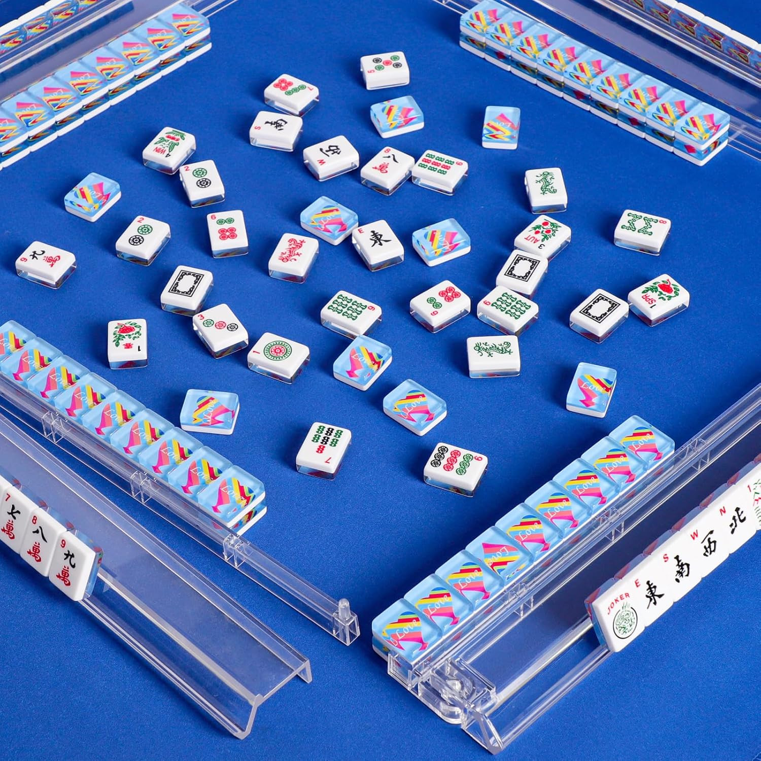 Set of 166 Acrylic American Mahjong Tile Set, Mahjong Game Set with 1.2” Blue Pr