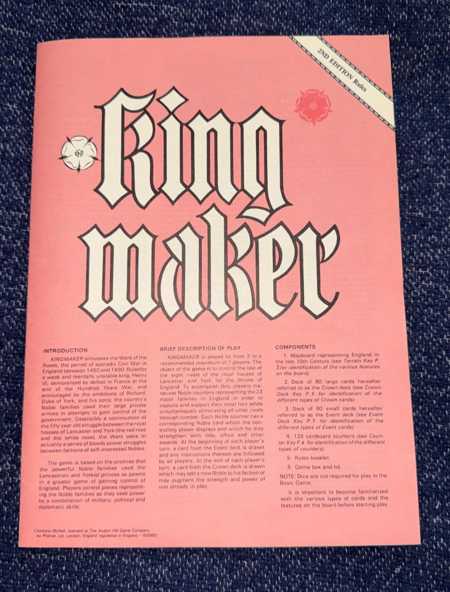 Complete Kingmaker Board Game Avalon Hill 2nd Edition War of the Roses Variants