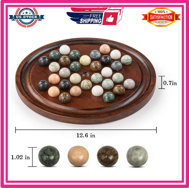 12.6” Wooden Solitaire Board Game Single Player Strategy with Marble Balls Set