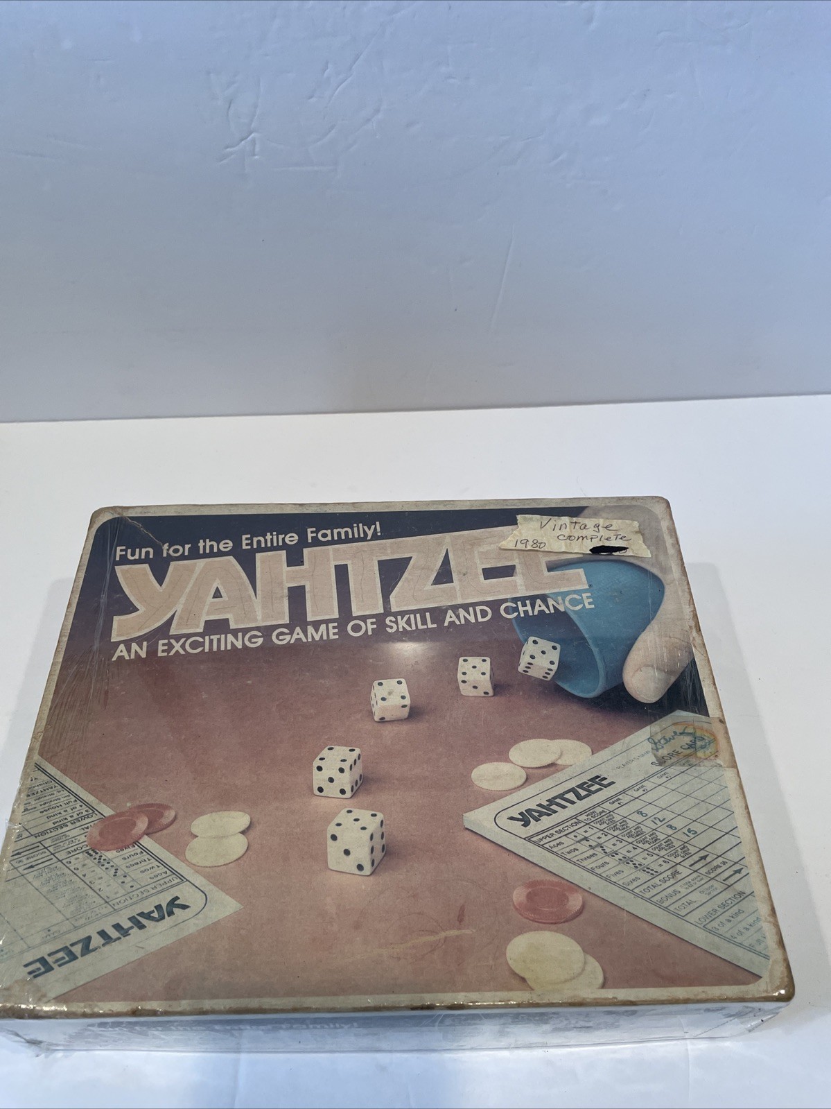 Vintage 1980 Yahtzee Game Box – Red Yellow Dice, Chips, Cup, Score Cards