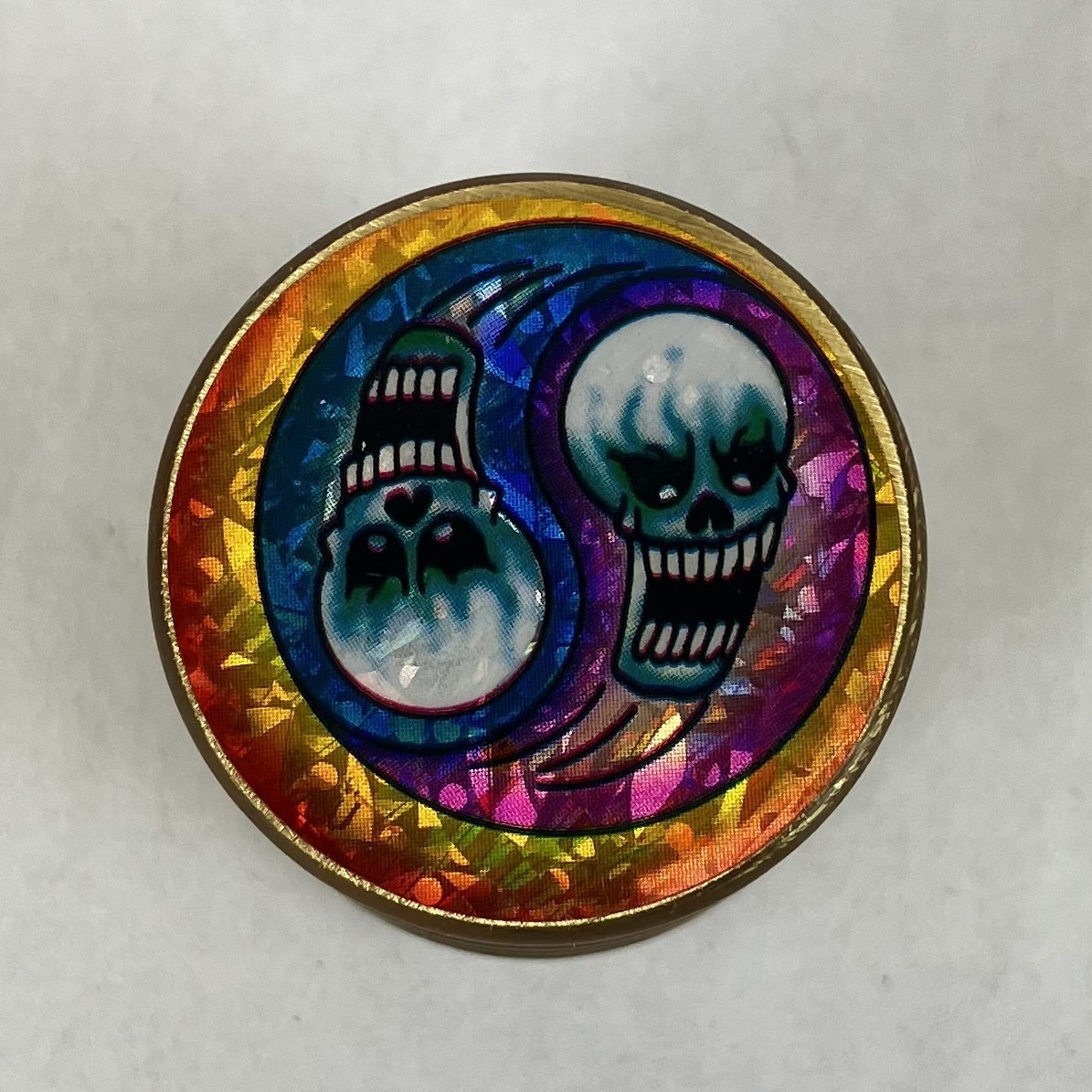 1.25″ Tall 4 oz Heavy Brass Double Sided Poison Skull Ying Yang from Mid 1990s