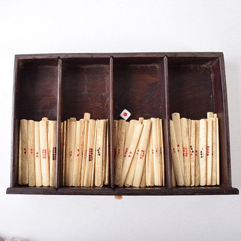 Vintage Chinese Mahjong Set Bone & Bamboo Tiles Wood Box Antique