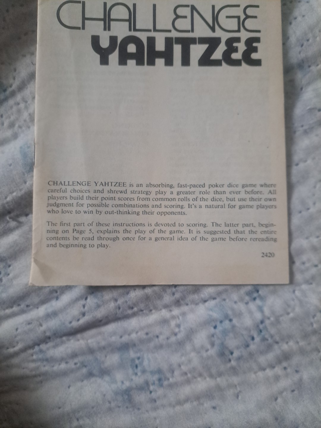 Vintage Challenge Yahtzee Instruction Manual Pre-owned Good Condition