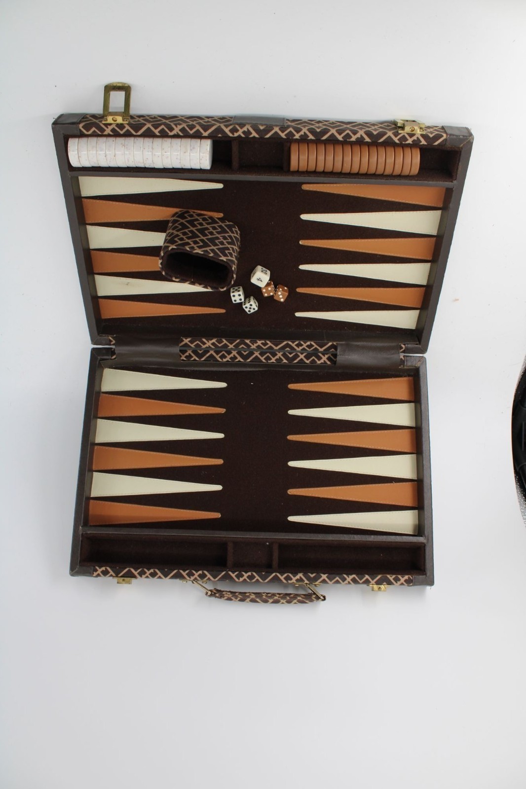 Backgammon Set Vintage 1980s Attache Pattern 94740 Brown Fabric Korea