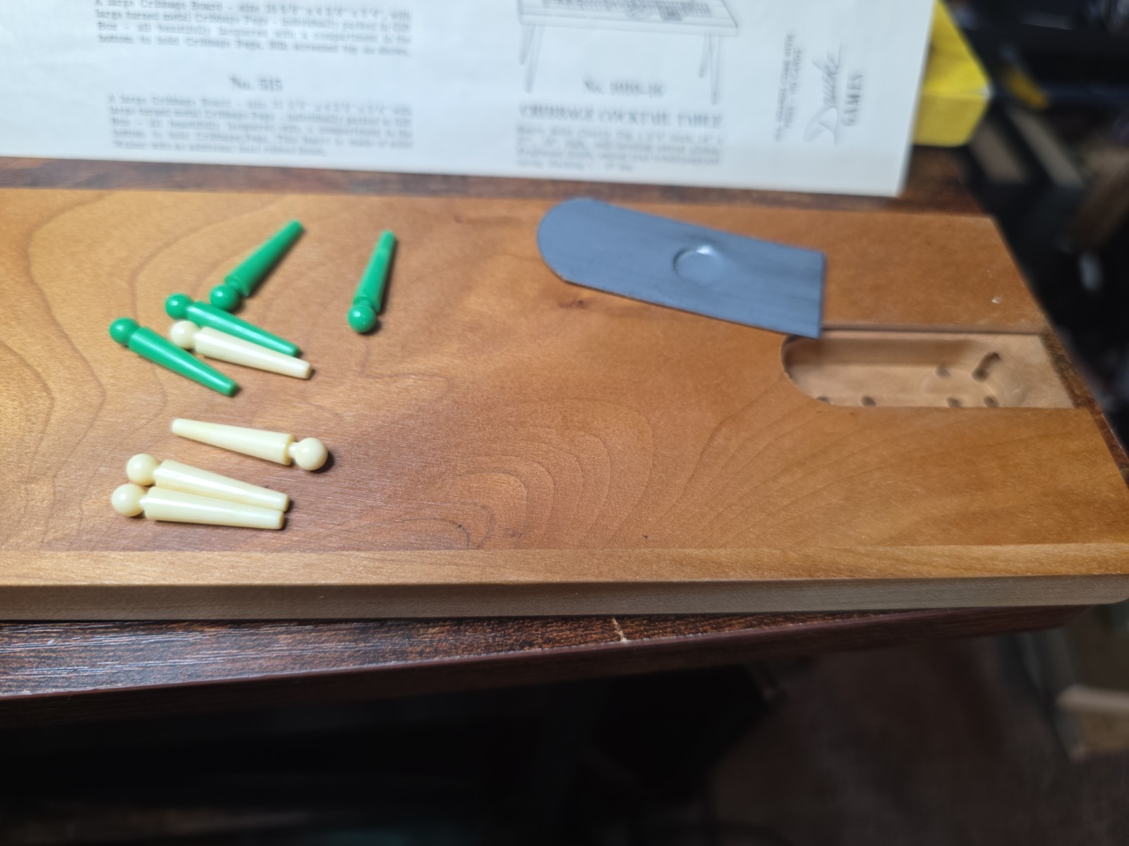 Vtg Drueke’s Cribbage Board Natural Hardwood In Box With 8 Pegs & Instructions