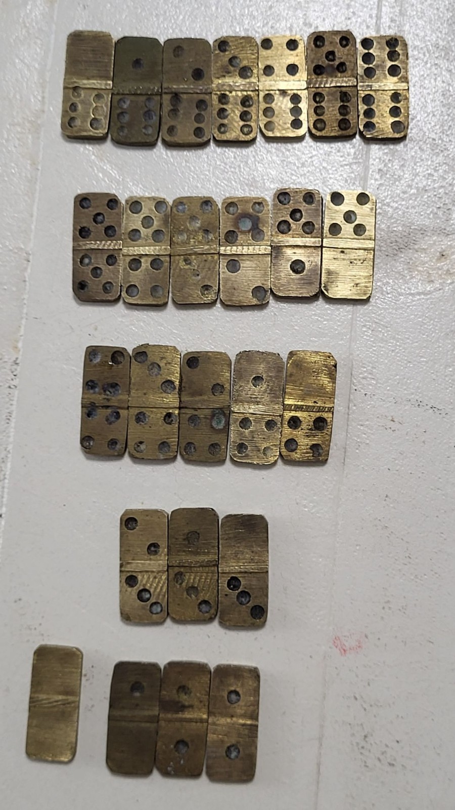 Vintage Mini Brass Domino Set Incomplete Pocket Size Game Pieces 1″ x 1/2″