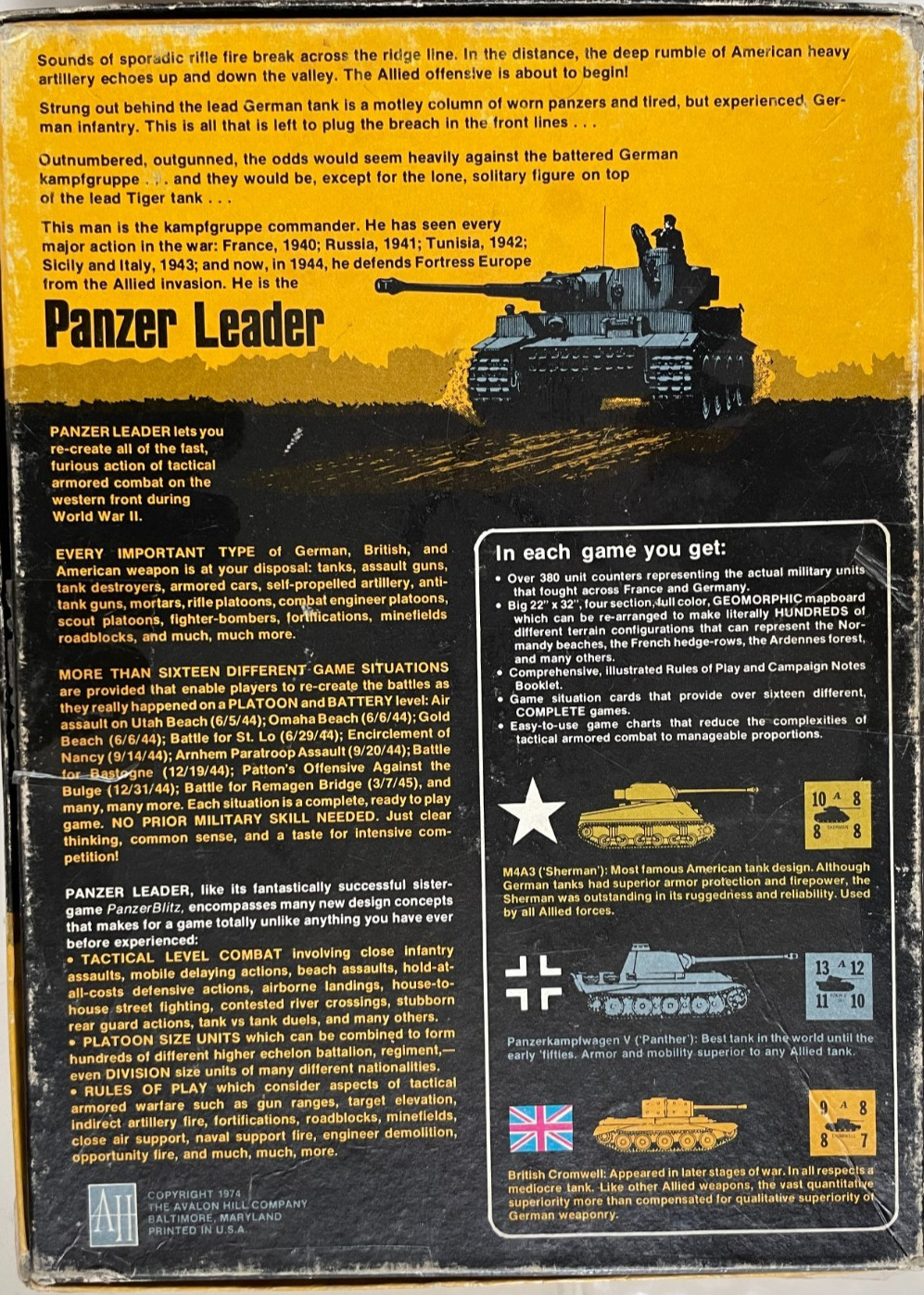 Panzer Leader – Avalon Hill Bookcase Game – Complete – Good Condition