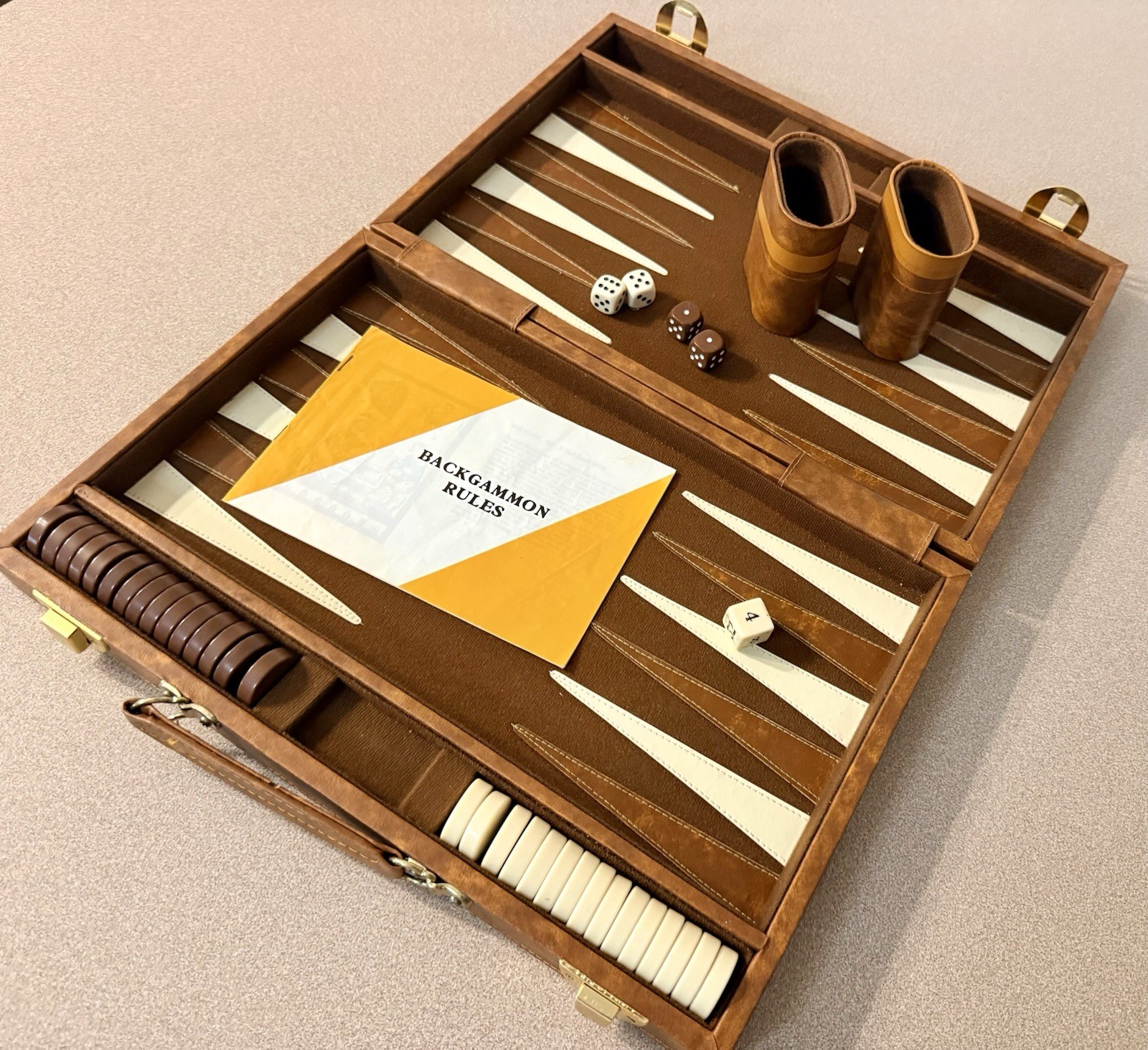 VTG Backgammon Briefcase Game Set Brown Faux Leather Racing Stripe Complete