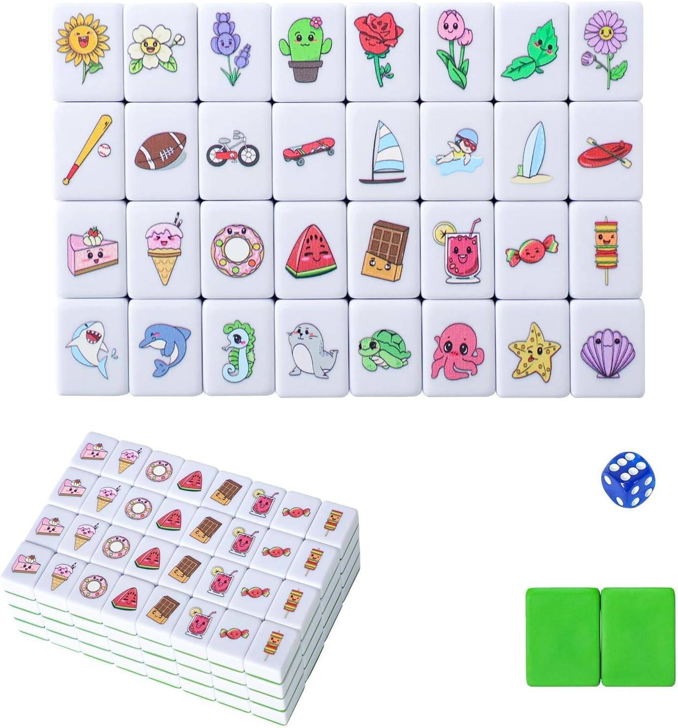 4 Players Mahjong Block Set, 128 Green Tiles(1.18”) with 4 Different Patterns, P