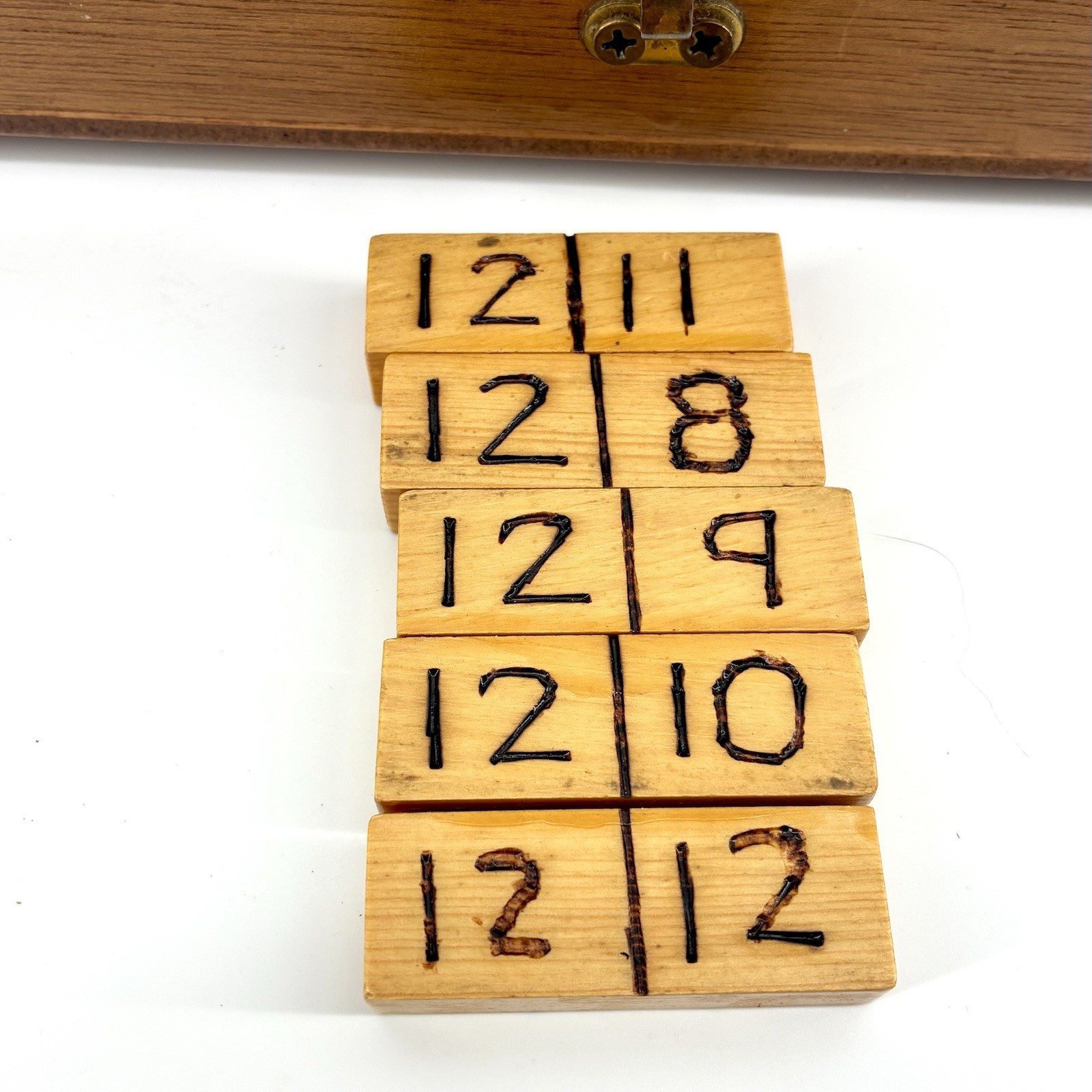 Mexican Train Dominoes Double 12 Wood Chest Hand Burned Tiles 15 Trains (ST)