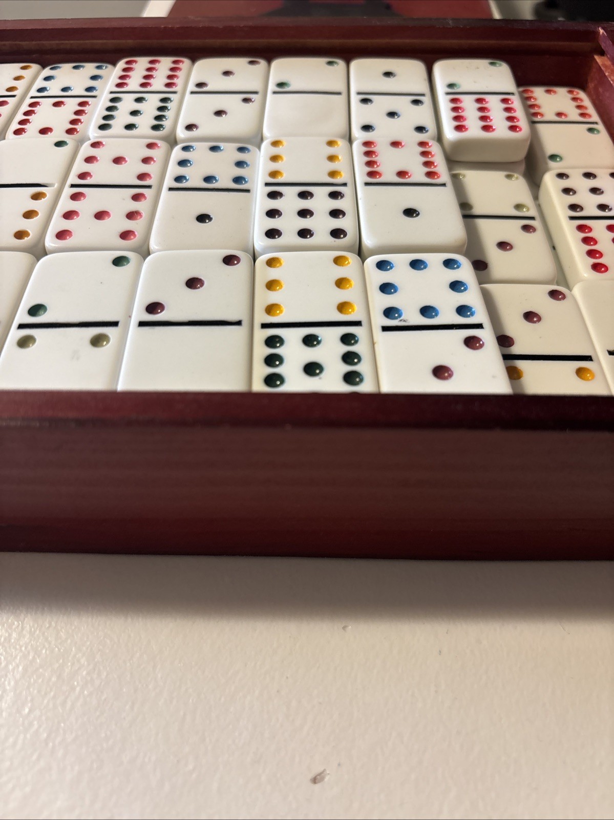 Vintage Dominoes Set of 91 Double Twelve Set In Color, Wooden Case & Central Hub