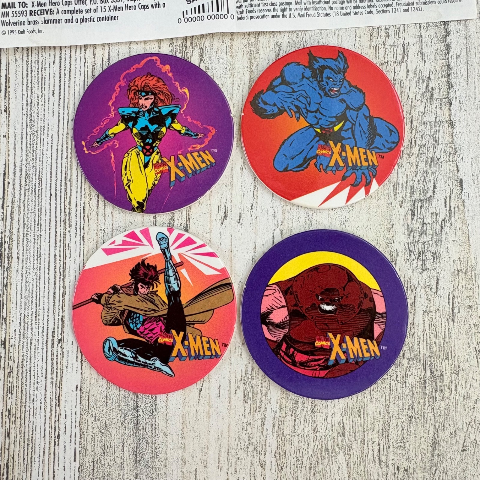 X-men Hero Caps Lot 4 Lenders Bagels Wolverine Jean Grey Beast Gambit Pog 1995