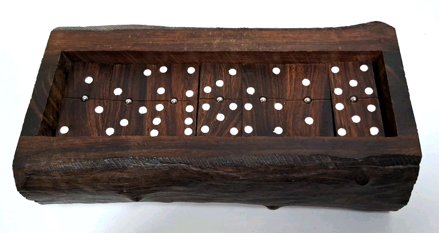 Wooden Dominos Set in Natural Wood Log w/Lid 8 x 5x 3.5″