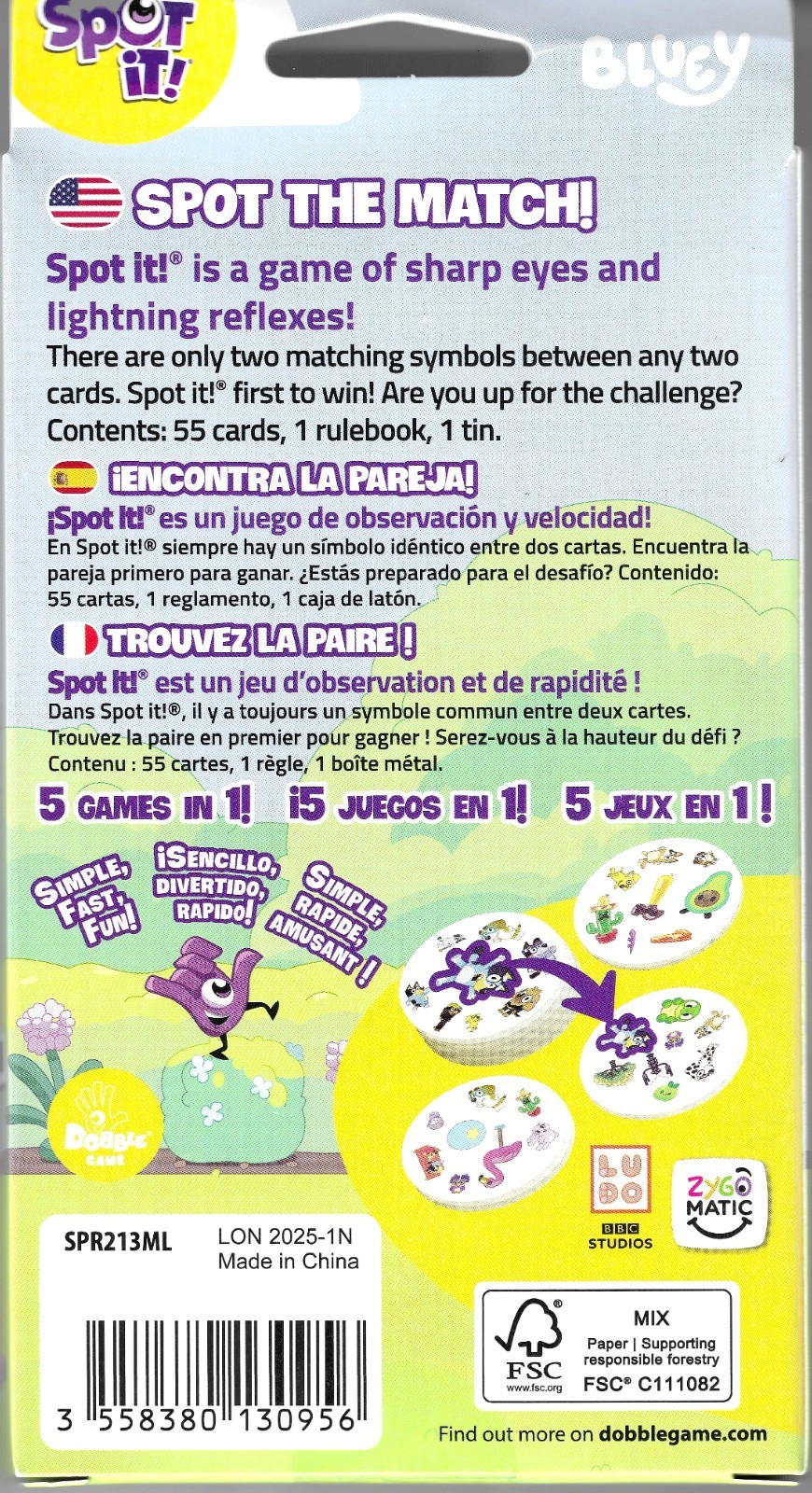 Spot It! Bluey Eco Blister Card Game Zygomatic Bingo Bandit Chilli Family Party