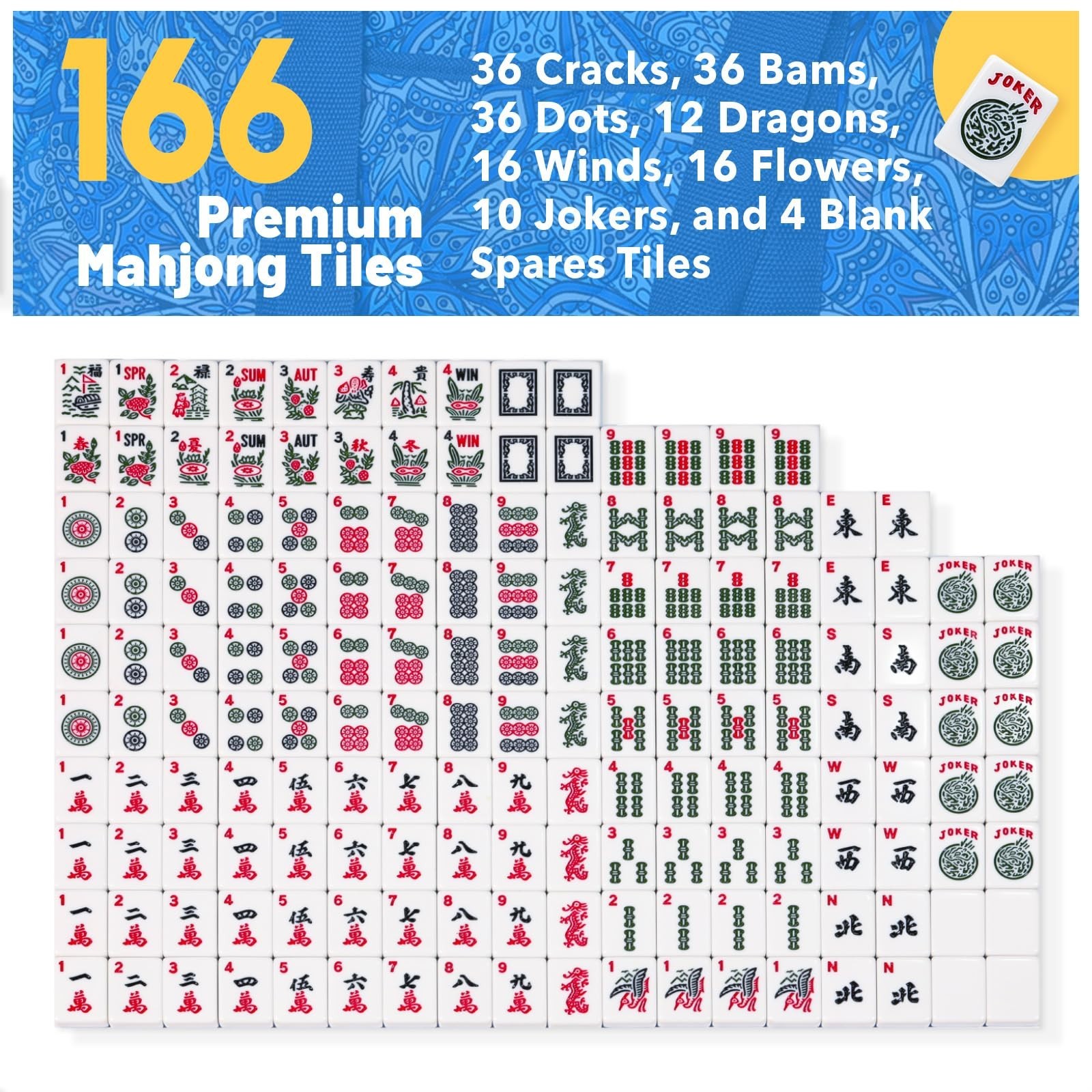 American Mahjong Tile Set with Blue Printed Carrying Bag, 166 Premium Tiles, …