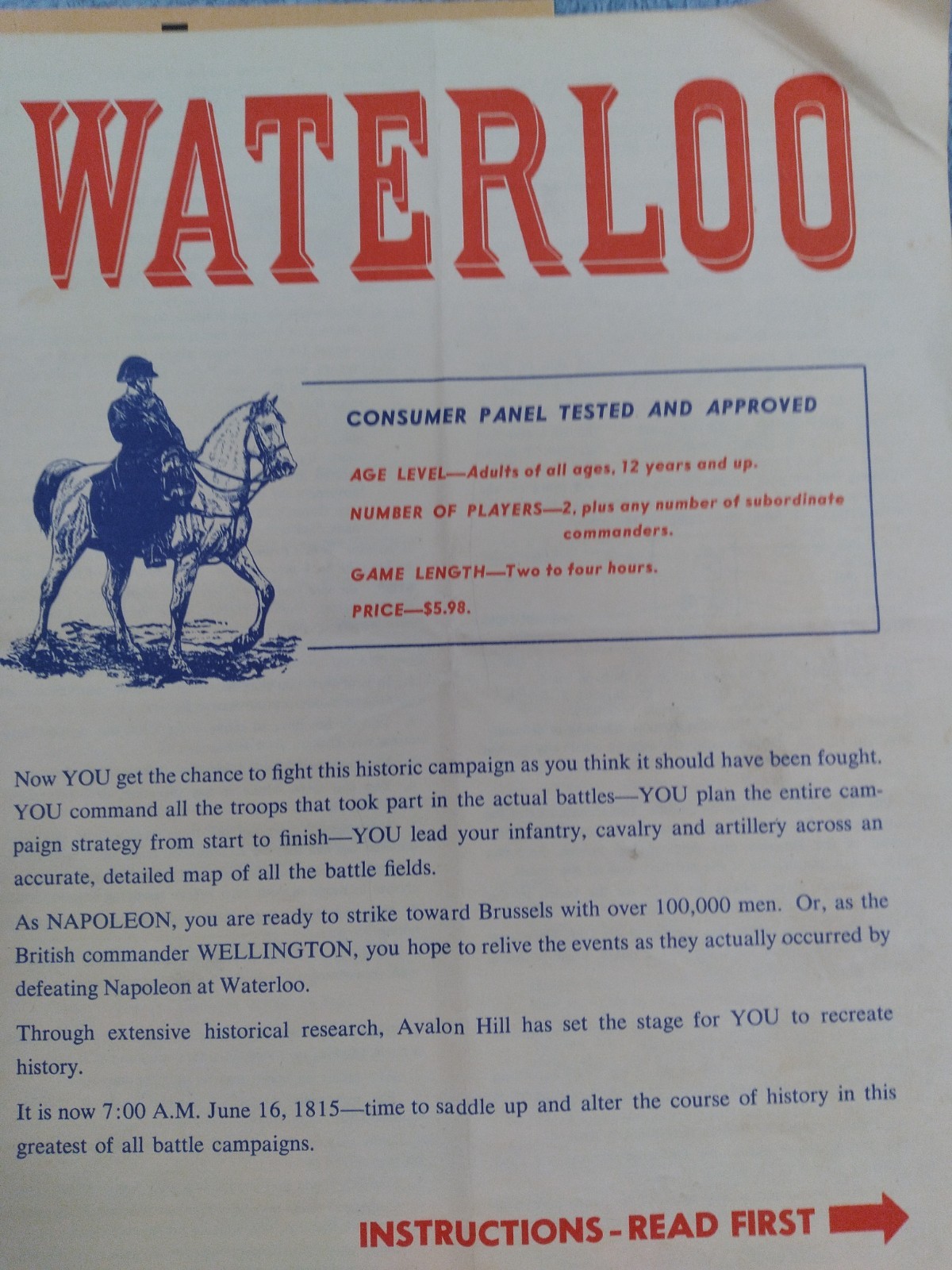 WATERLOO Wargame by Avalon Hill, 1962, Verified Complete, Punched