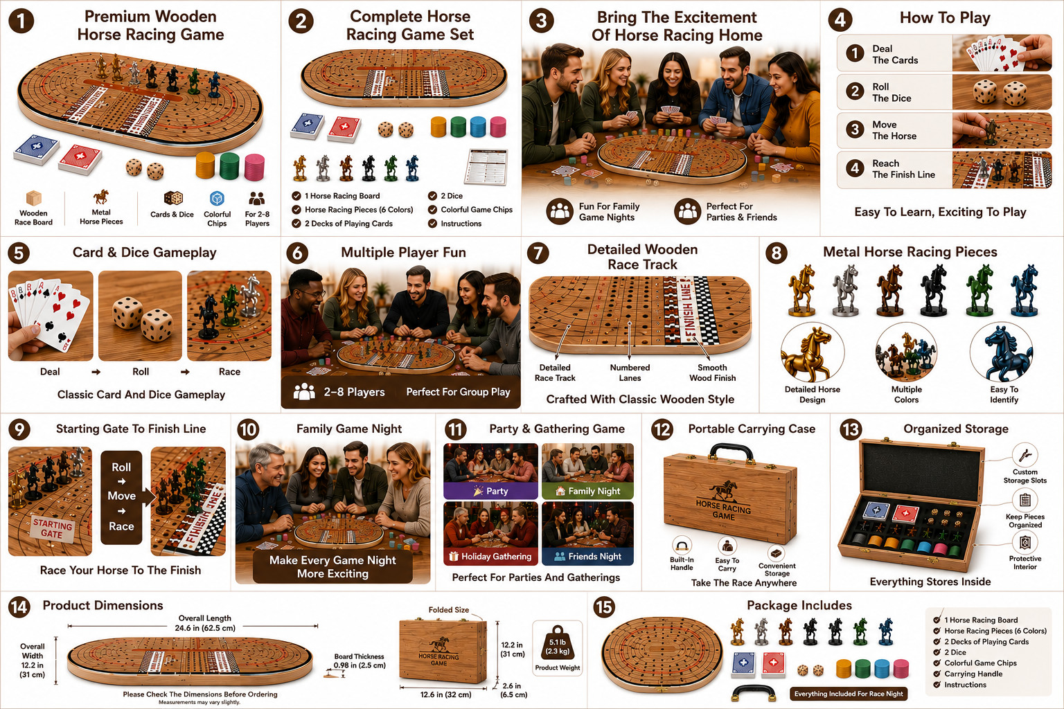 24.8in Wooden Horse Racing Board Game Foldable Large Race Track Set w Accessorie