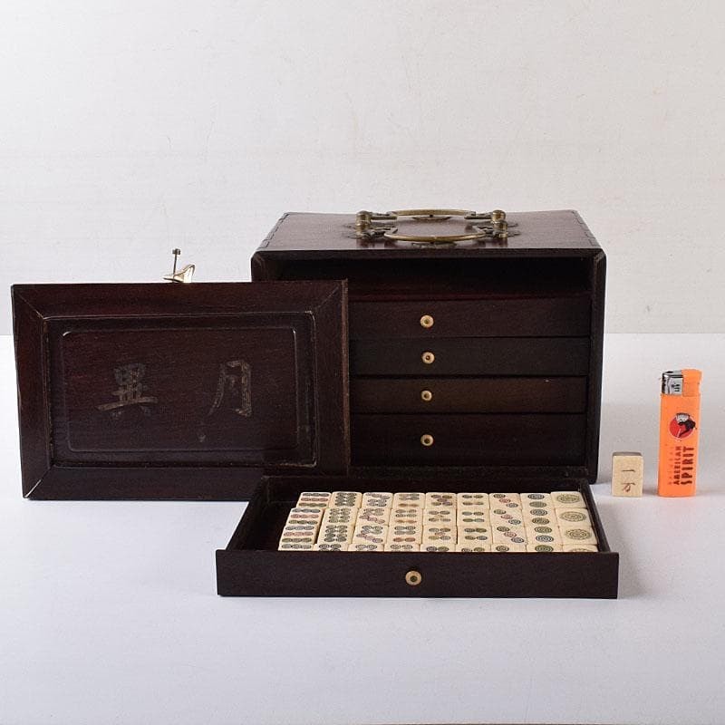 Vintage Chinese Mahjong Set Bone & Bamboo Tiles Wood Box Antique