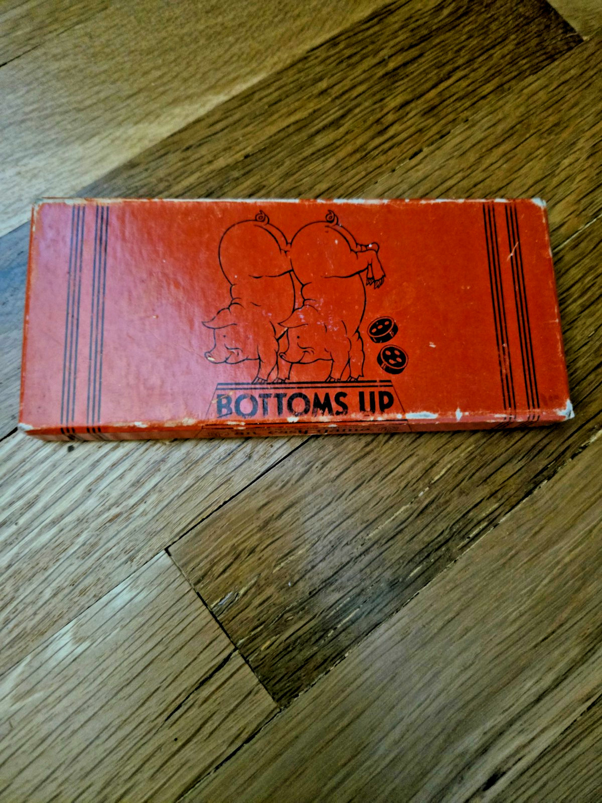 Vintage 1935 Bottoms Up An Easy Game The Embossing Co Red Box Pigs Dice Game