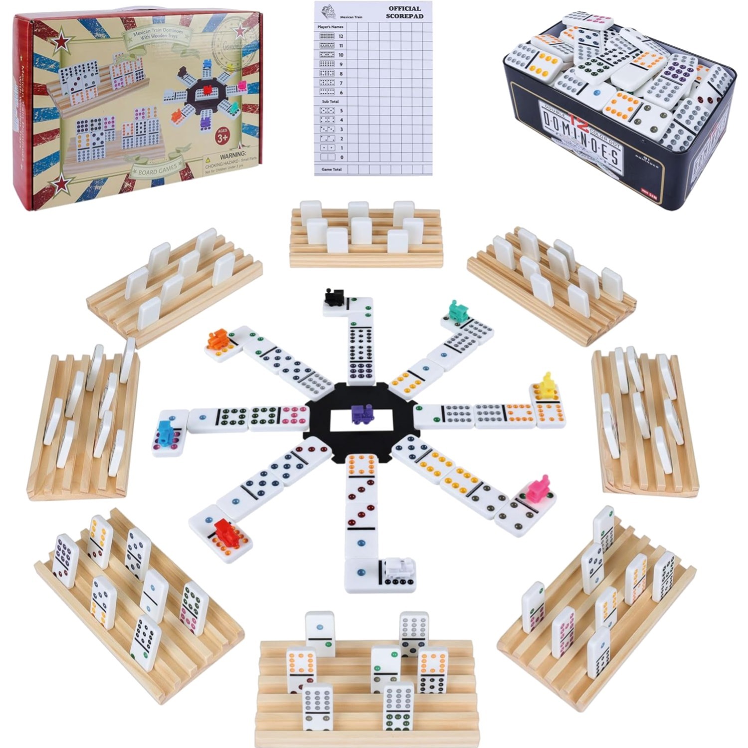 Double 12 Mexican Train Dominoes Set for Adults with 8PCS Wooden Holders, 9 T…