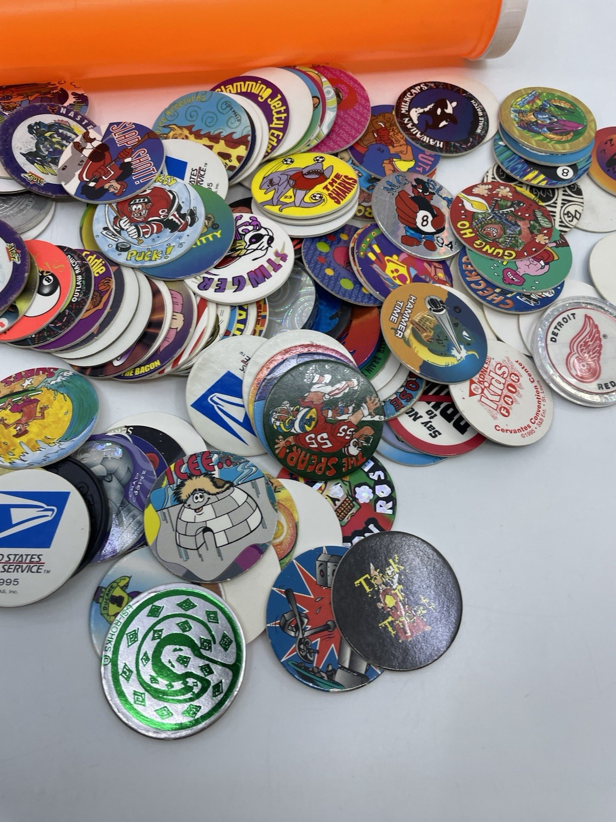 VTG Pogs Milkcaps Lot 149 90s 8-Ball Slammer Game Pieces W/ Pog Container
