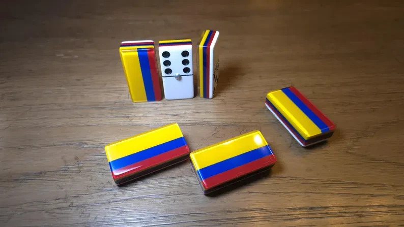 Colombia Jumbo Domino Set, Double 6, Metal Spinner, Leather Case