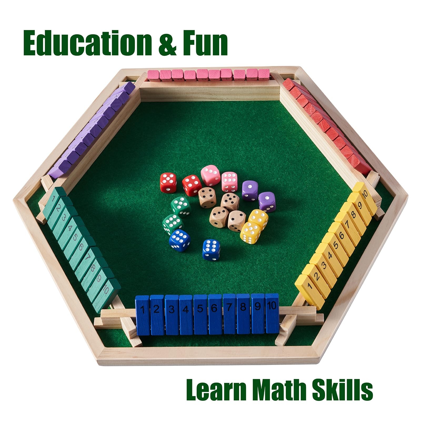 Shut The Box Game for 6 Player with 12+4 Dice – Colorful 6 Sided Wooden Board…