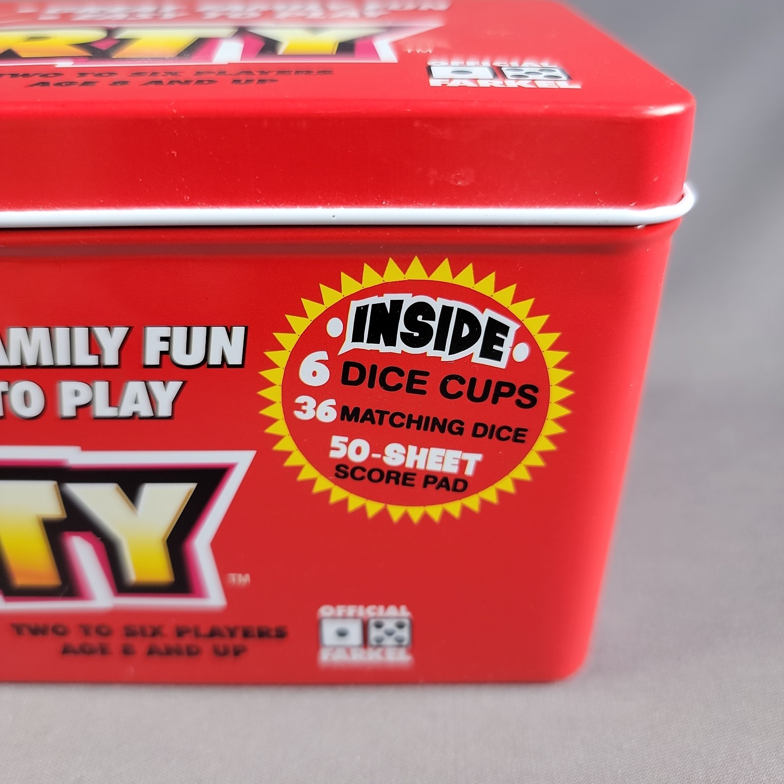 Farkel Party Dice Game Complete w. score cards & instructions original metal box