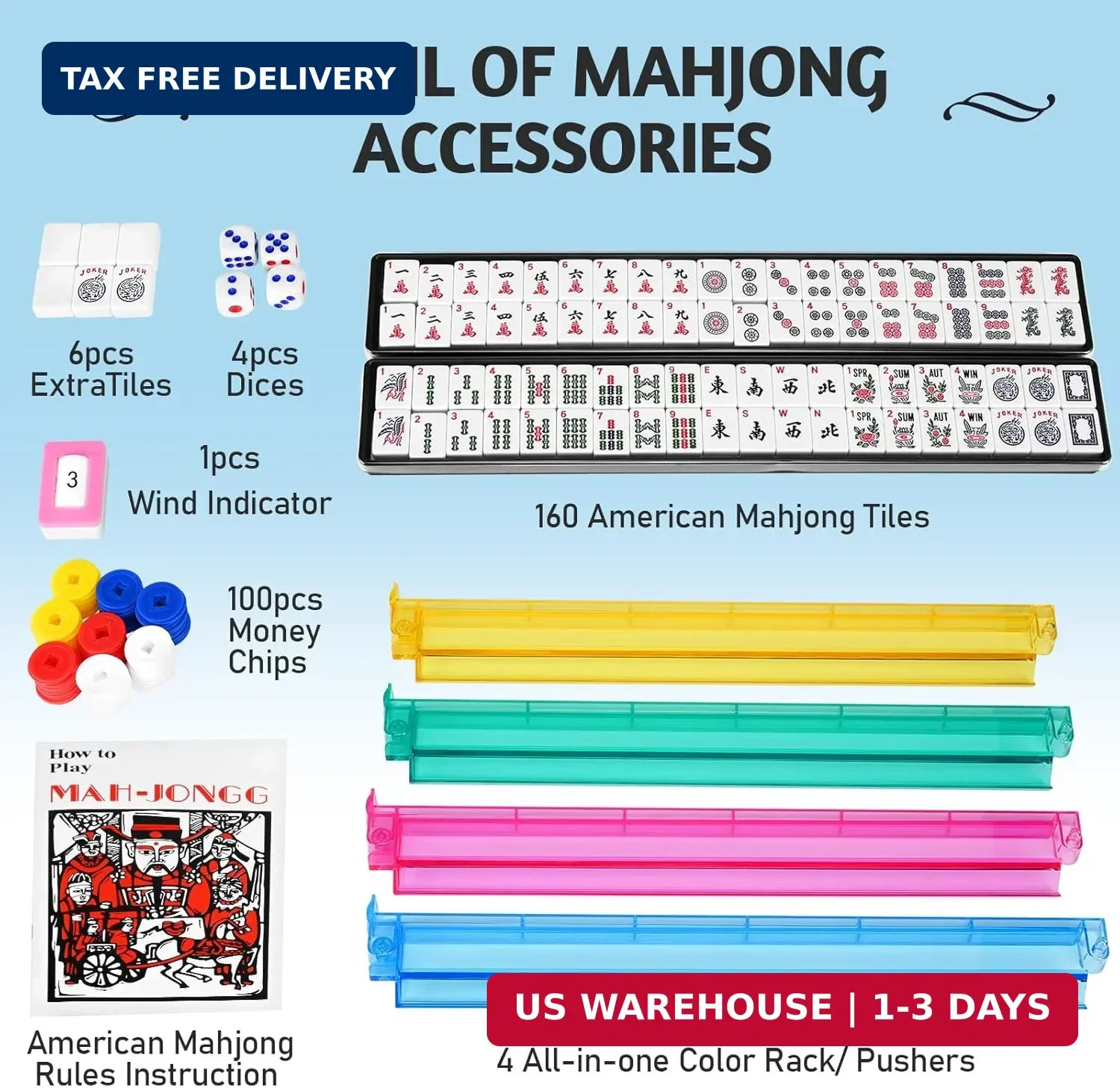 EdenRiver American Mahjong Game Set 166 Tiles 4 All-in-One Color Rack/Pushers Ma